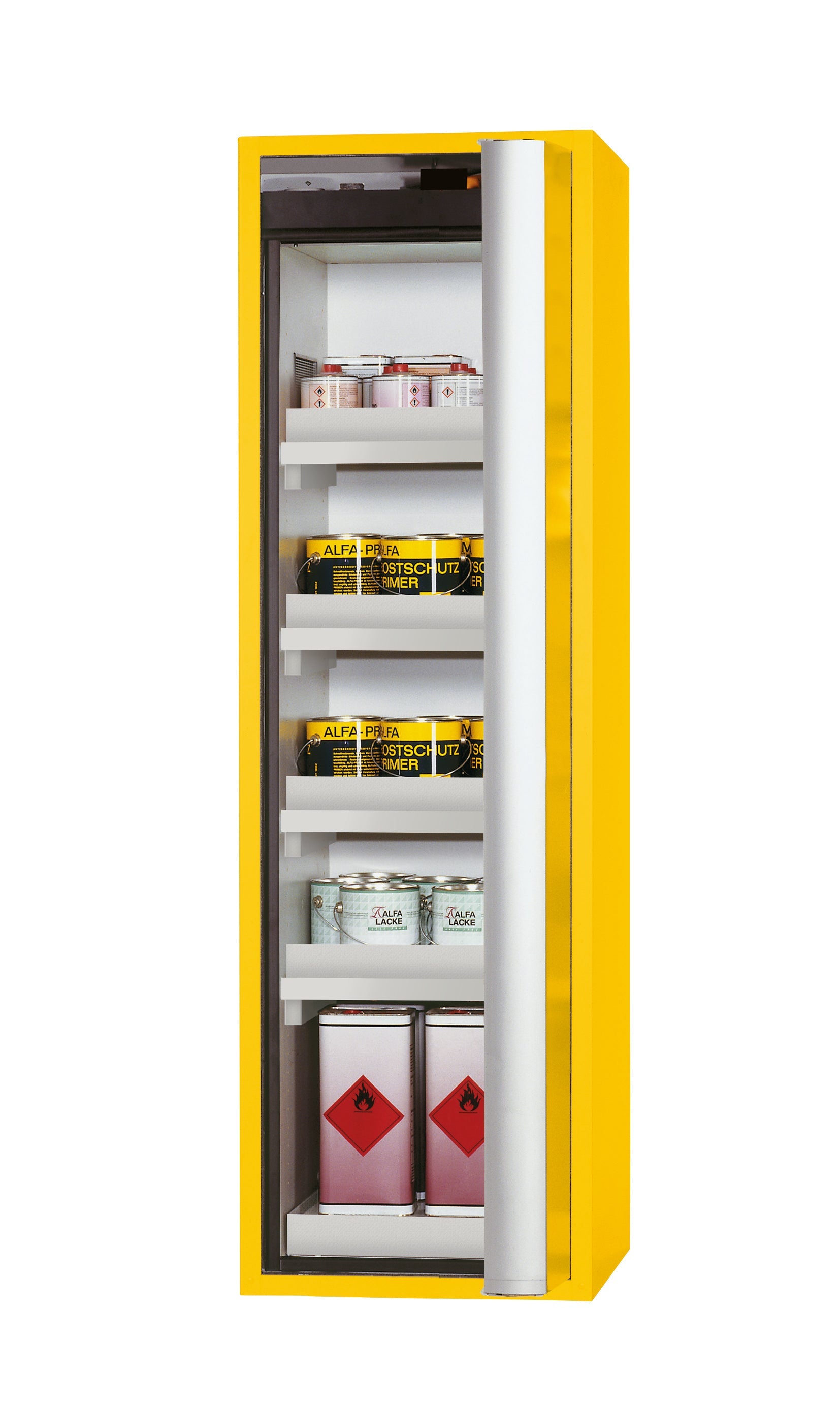 Typ 90 Sicherheitsschrank S-PHOENIX-90 Modell S90.196.060.FDASR in sicherheitsgelb RAL 1004 mit 4x Wannenboden Standard (Polypropylen)