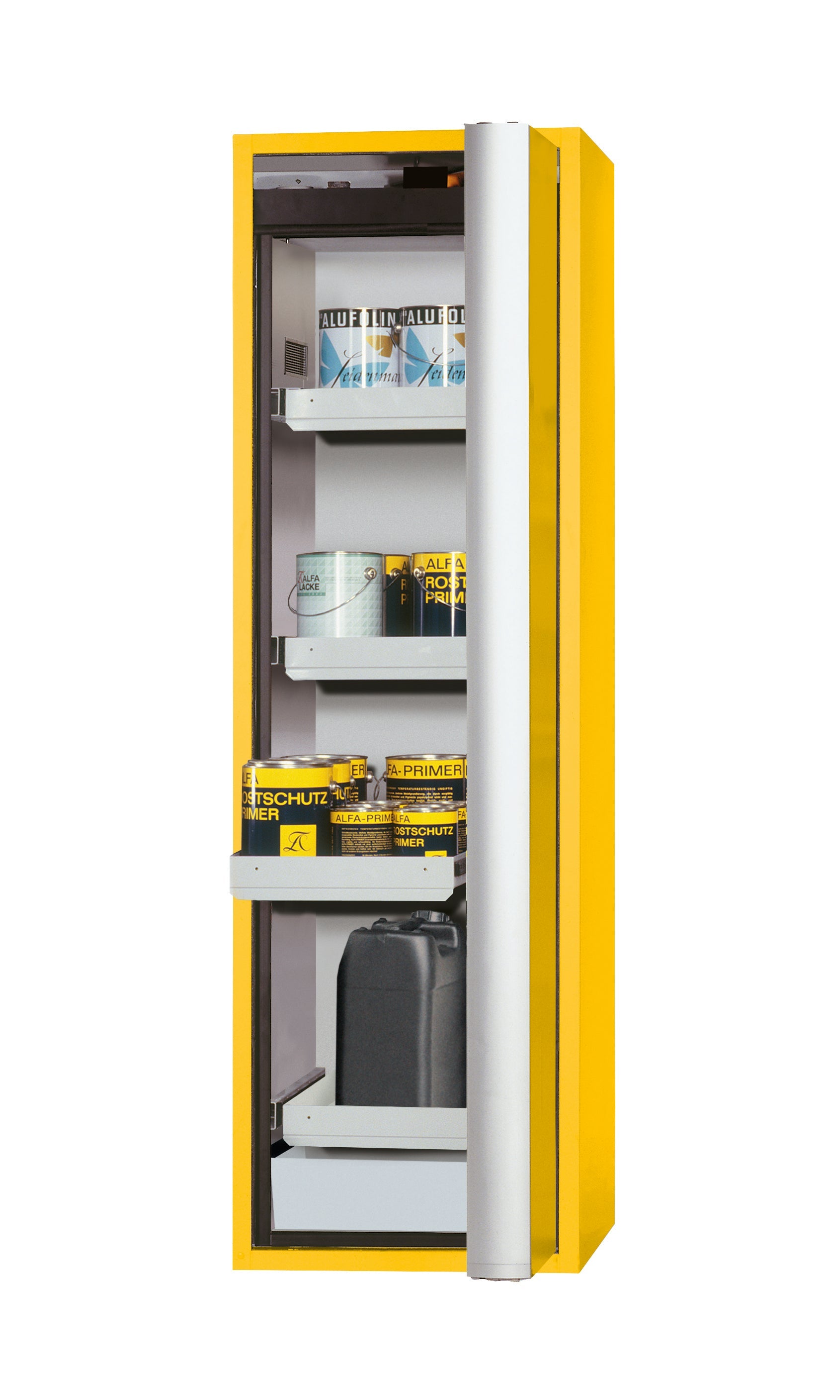 Type 90 safety cabinet S-PHOENIX Vol.2-90 model S90.196.060.FDACR in safety yellow RAL 1004 with 3x standard pull-out tray (sheet steel)