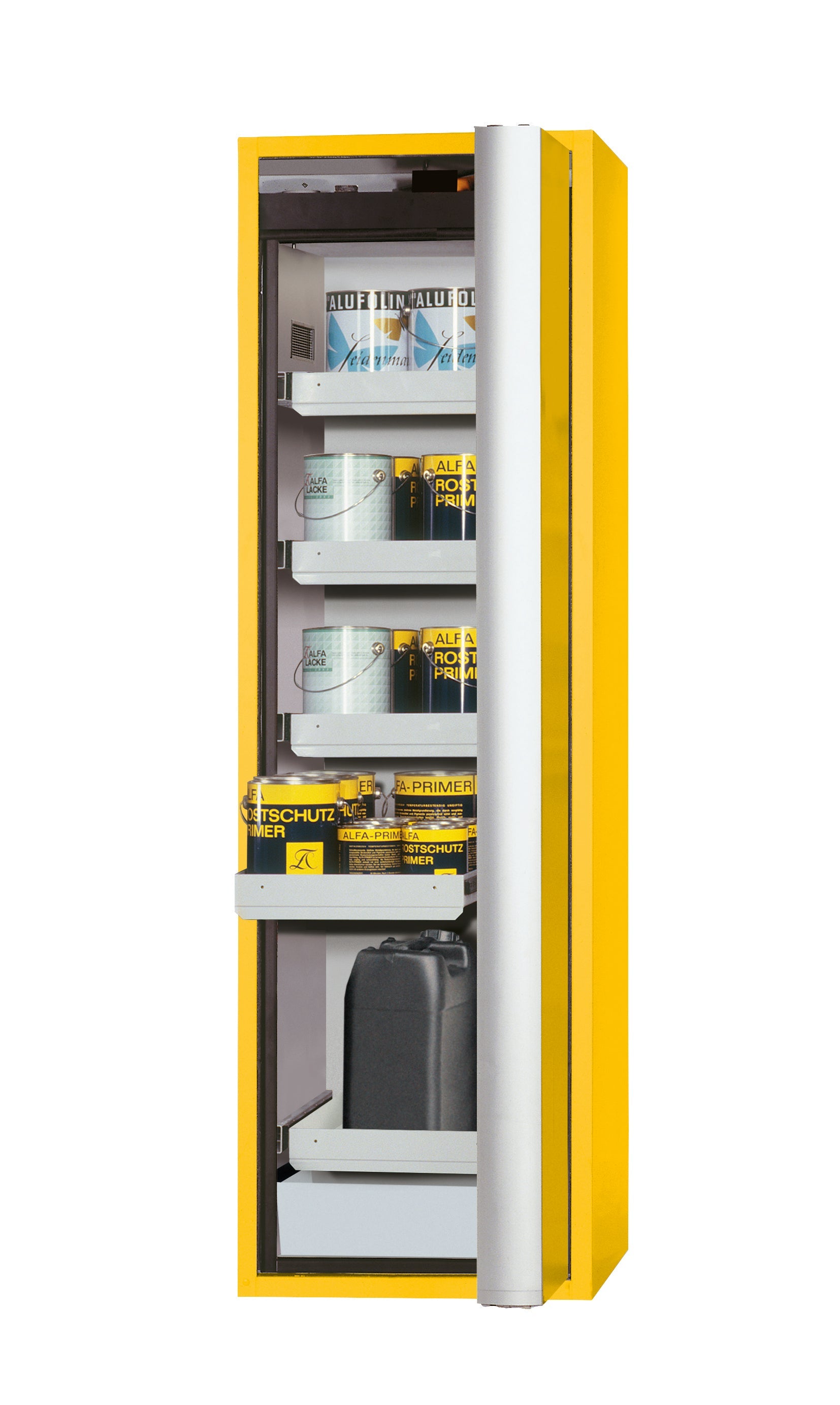 Type 90 safety cabinet S-PHOENIX Vol.2-90 model S90.196.060.FDACR in safety yellow RAL 1004 with 4x standard pull-out tray (sheet steel)