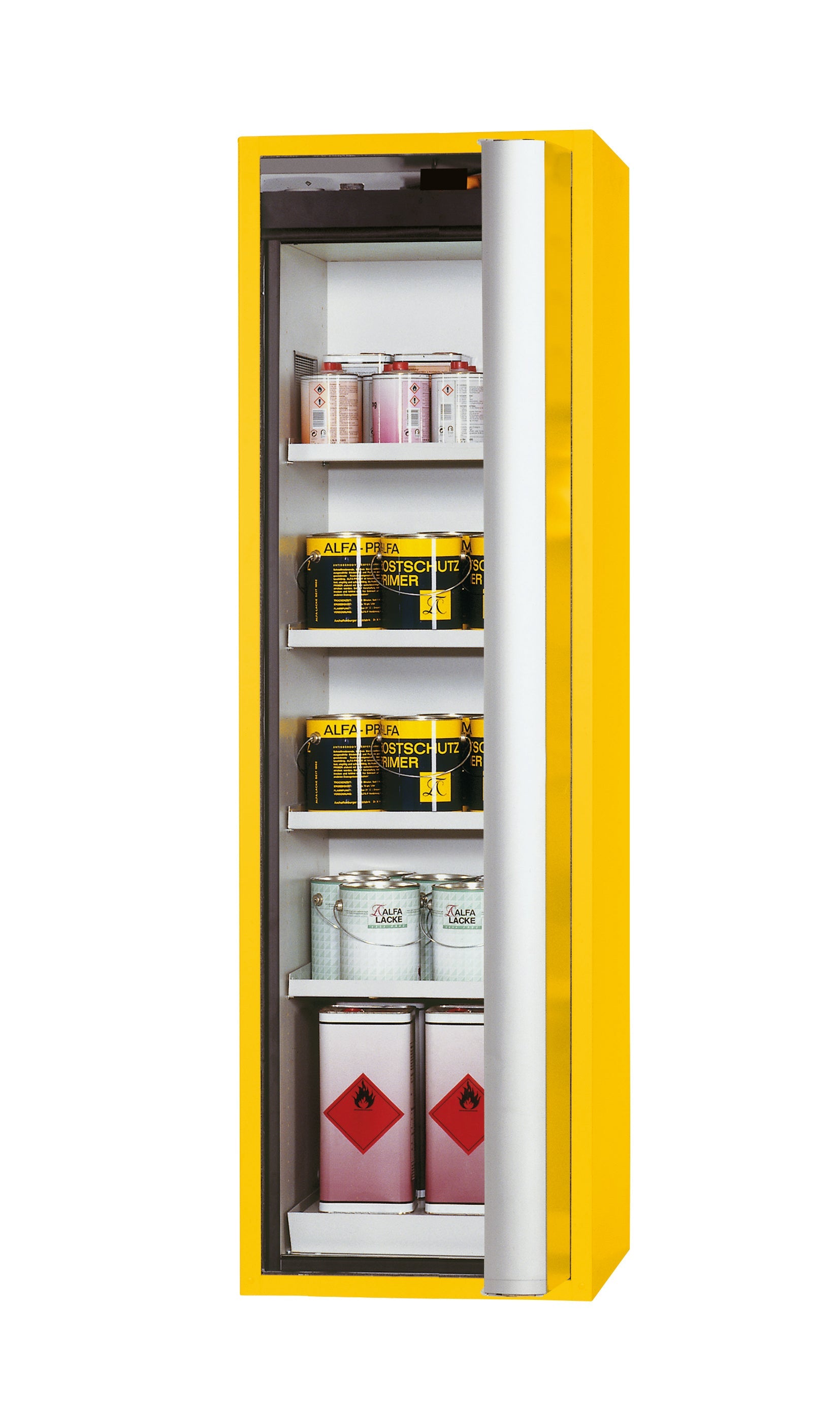 Type 90 safety cabinet S-PHOENIX Vol.2-90 model S90.196.060.FDACR in safety yellow RAL 1004 with 4x standard shelves (sheet steel)