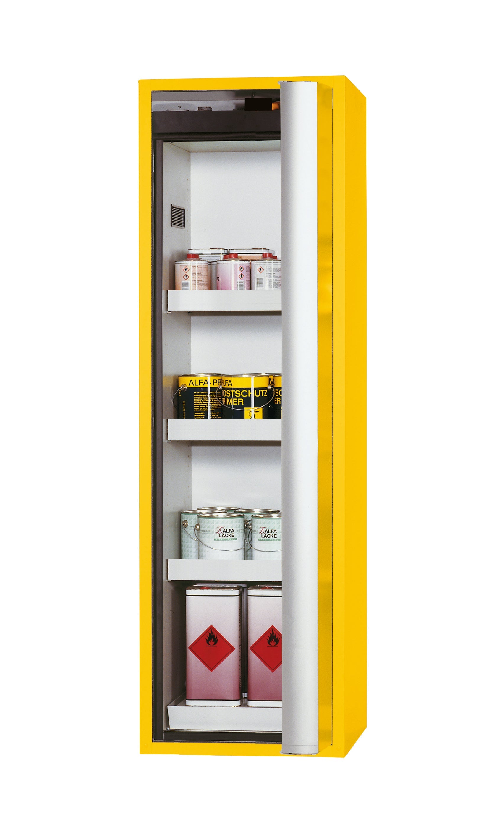 Type 90 safety cabinet S-PHOENIX Vol.2-90 model S90.196.060.FDACR in safety yellow RAL 1004 with 3x standard tray base (sheet steel)