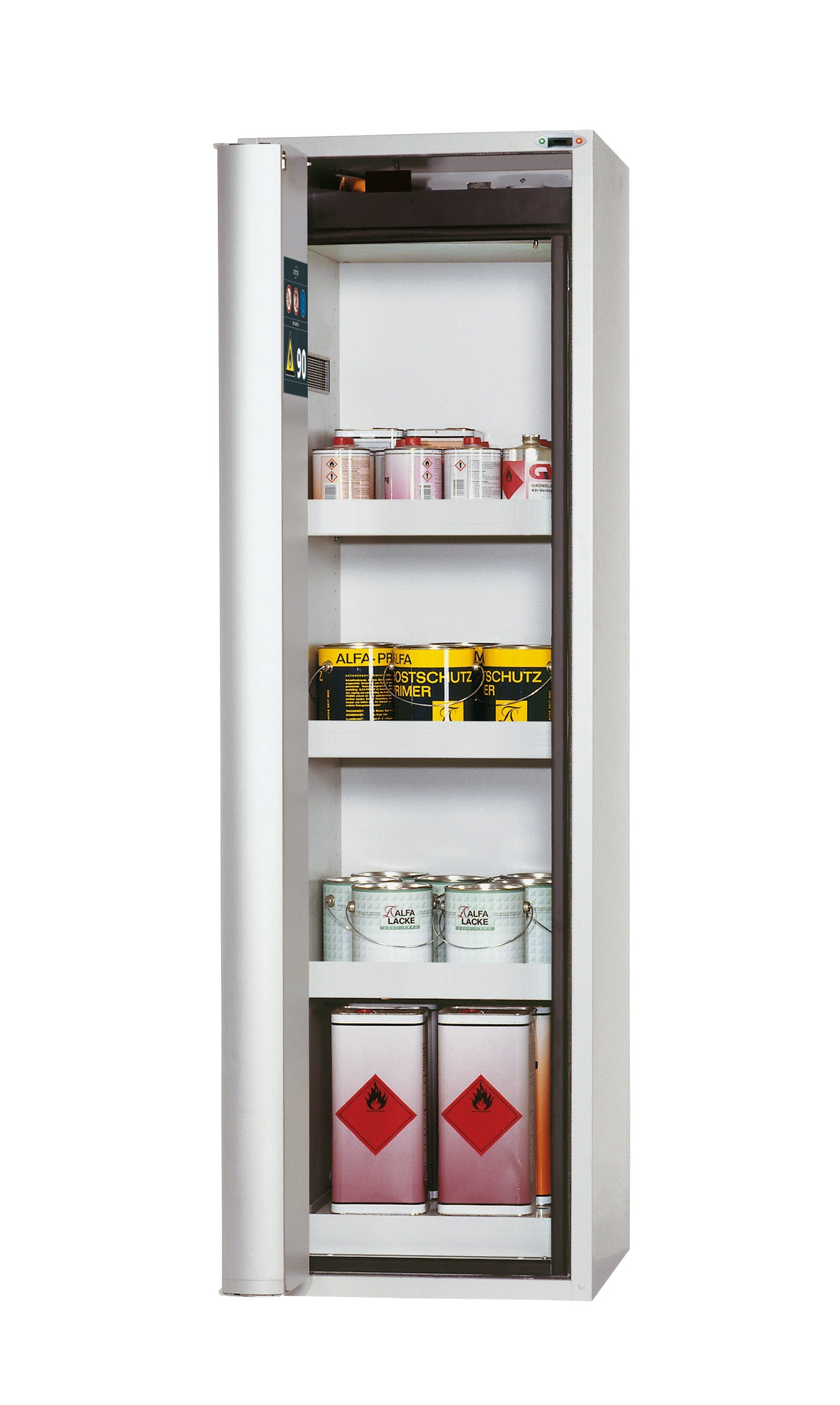 Type 90 safety cabinet S-PHOENIX touchless-90 model S90.196.060.FDAO in light gray RAL 7035 with 3x standard tray base (sheet steel)