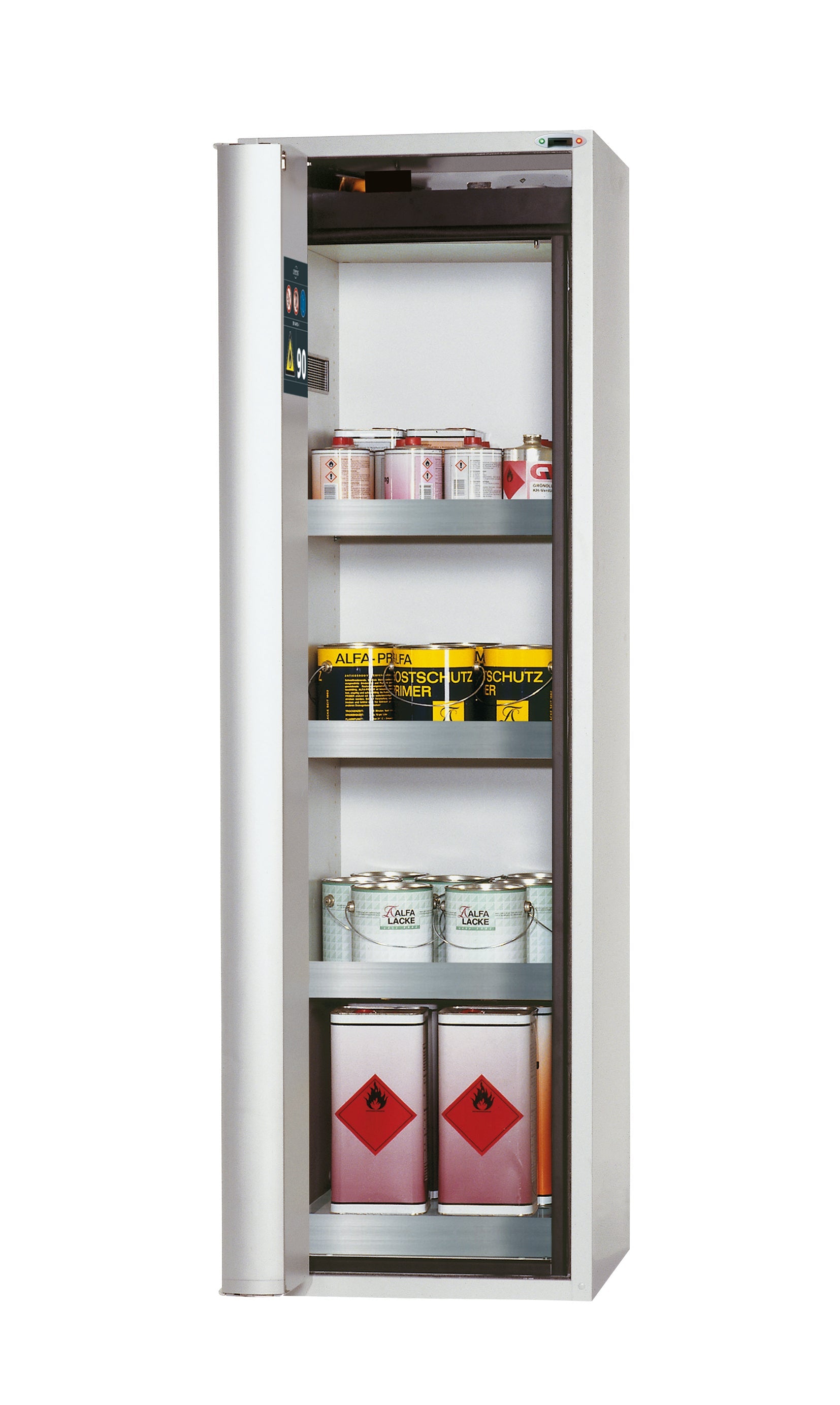 Type 90 safety cabinet S-PHOENIX touchless-90 model S90.196.060.FDAO in light gray RAL 7035 with 3x standard tray base (stainless steel 1.4301)