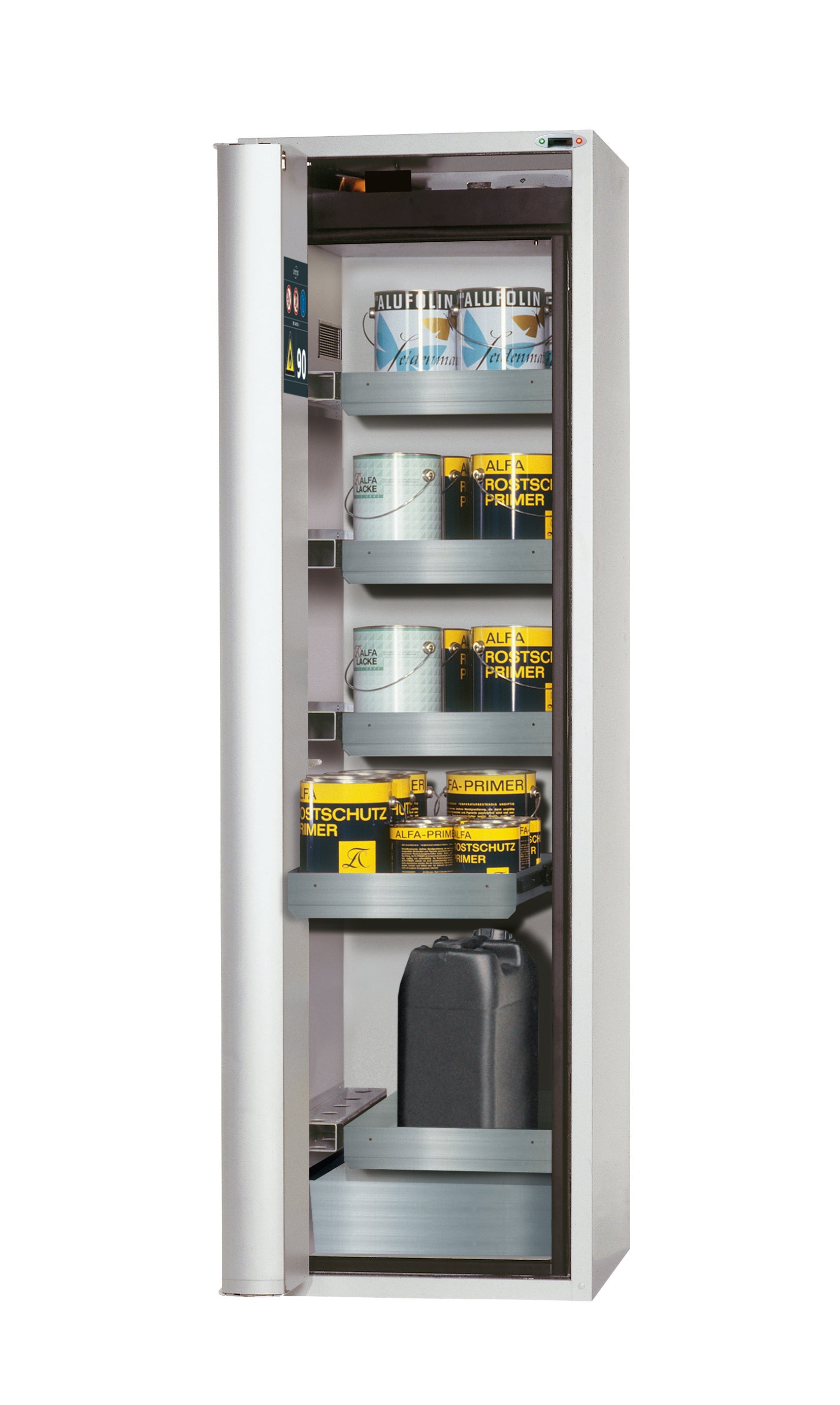 Type 90 safety cabinet S-PHOENIX touchless-90 model S90.196.060.FDAO in light gray RAL 7035 with 4x standard pull-out tray (stainless steel 1.4301)