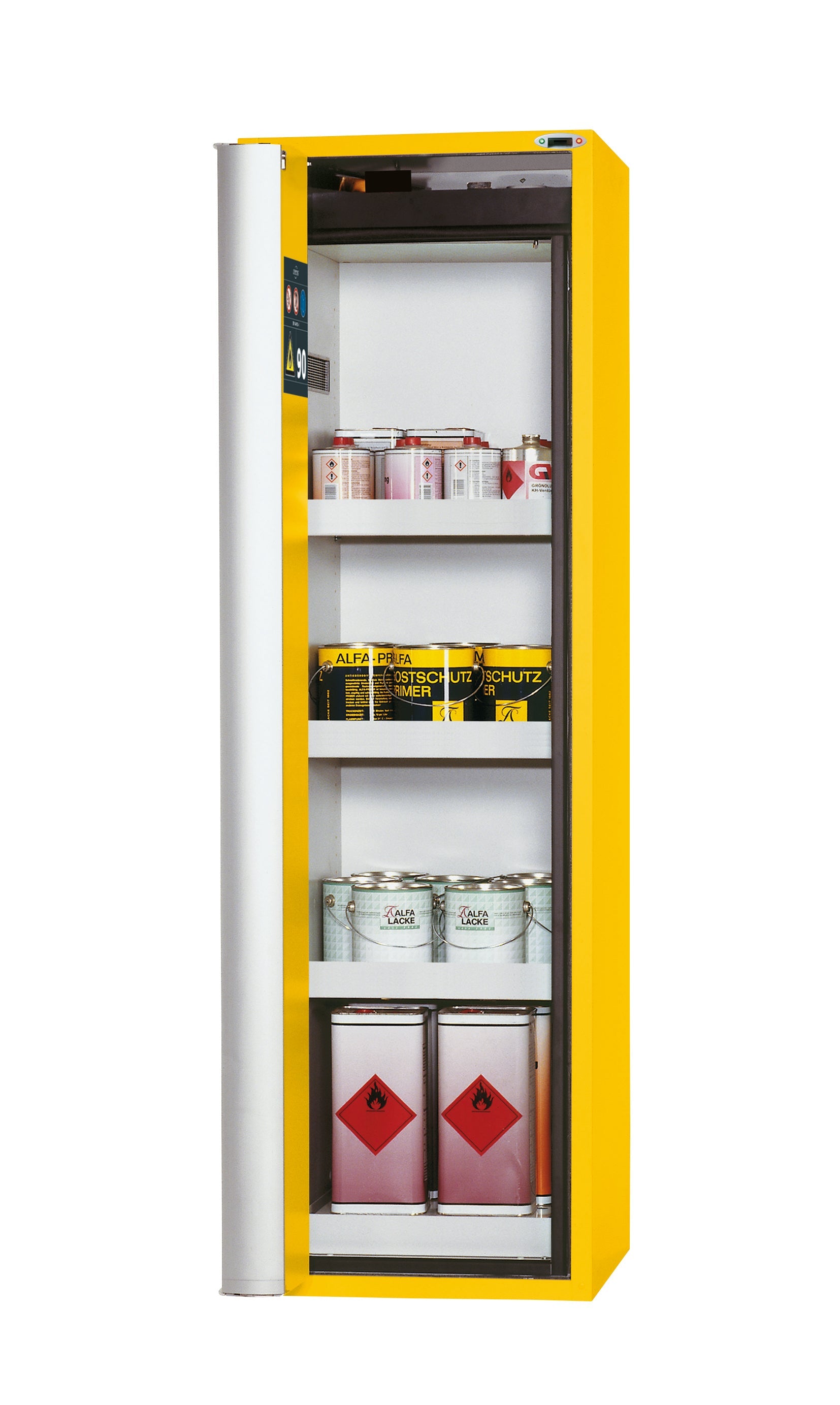 Type 90 safety cabinet S-PHOENIX touchless-90 model S90.196.060.FDAO in safety yellow RAL 1004 with 3x standard tray base (sheet steel)