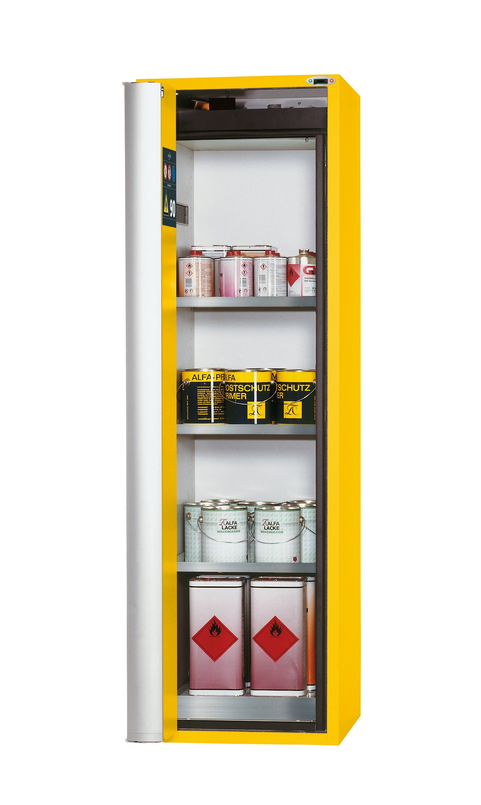 Type 90 safety cabinet S-PHOENIX touchless-90 model S90.196.060.FDAO in safety yellow RAL 1004 with 3x standard shelves (stainless steel 1.4301)