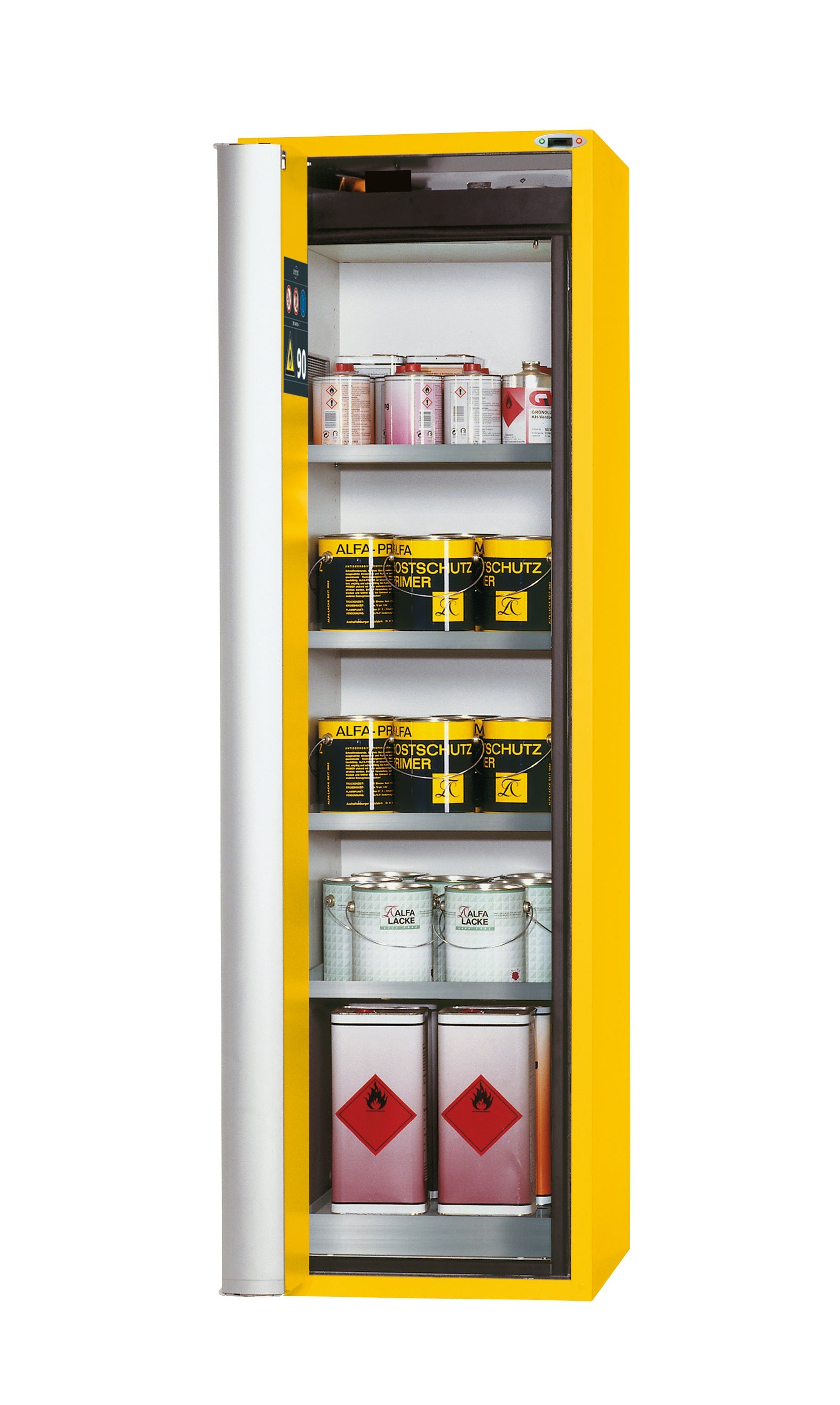 Type 90 safety cabinet S-PHOENIX touchless-90 model S90.196.060.FDAO in safety yellow RAL 1004 with 4x standard shelves (stainless steel 1.4301)