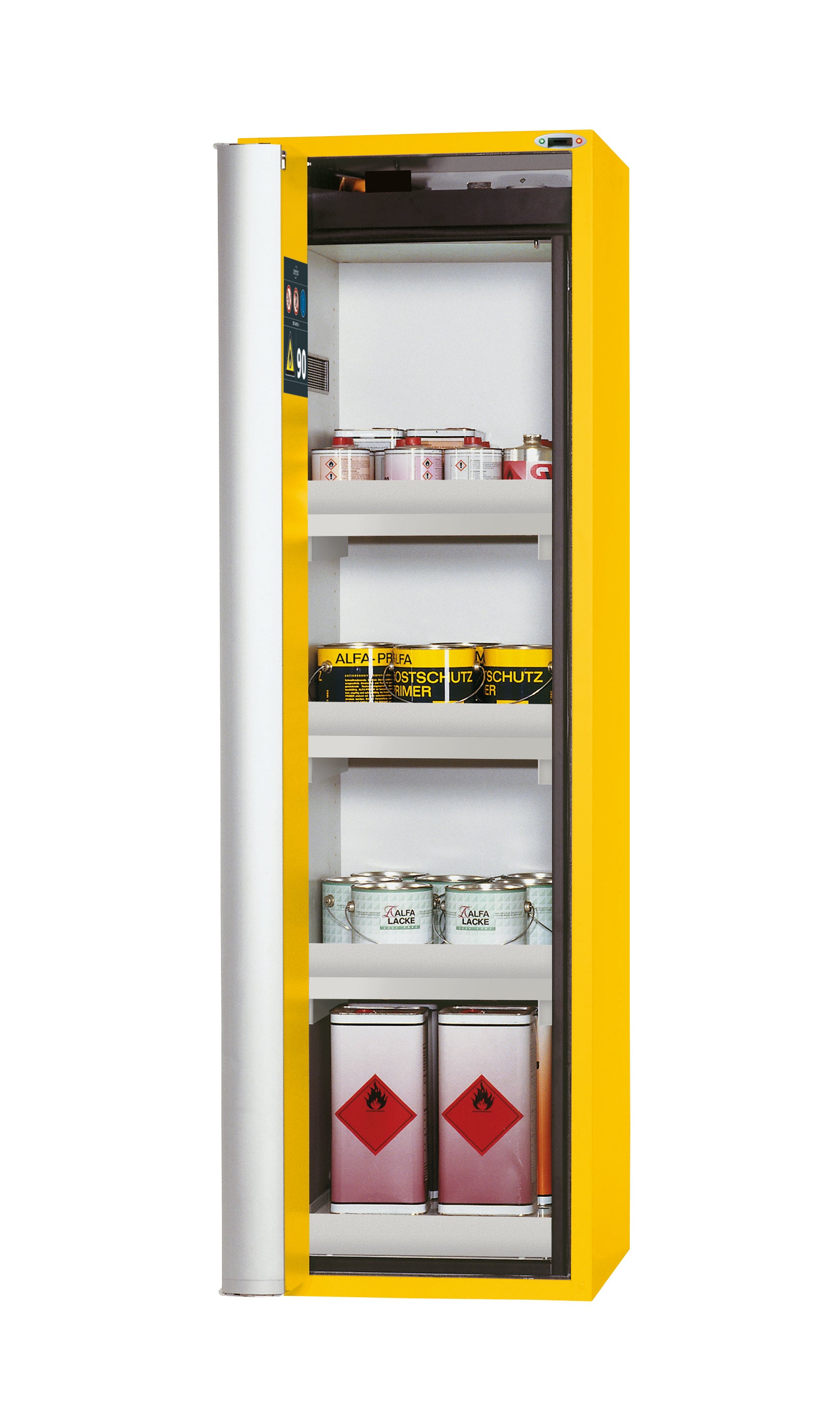 Type 90 safety cabinet S-PHOENIX touchless-90 model S90.196.060.FDAO in safety yellow RAL 1004 with 3x standard tray base (polypropylene)