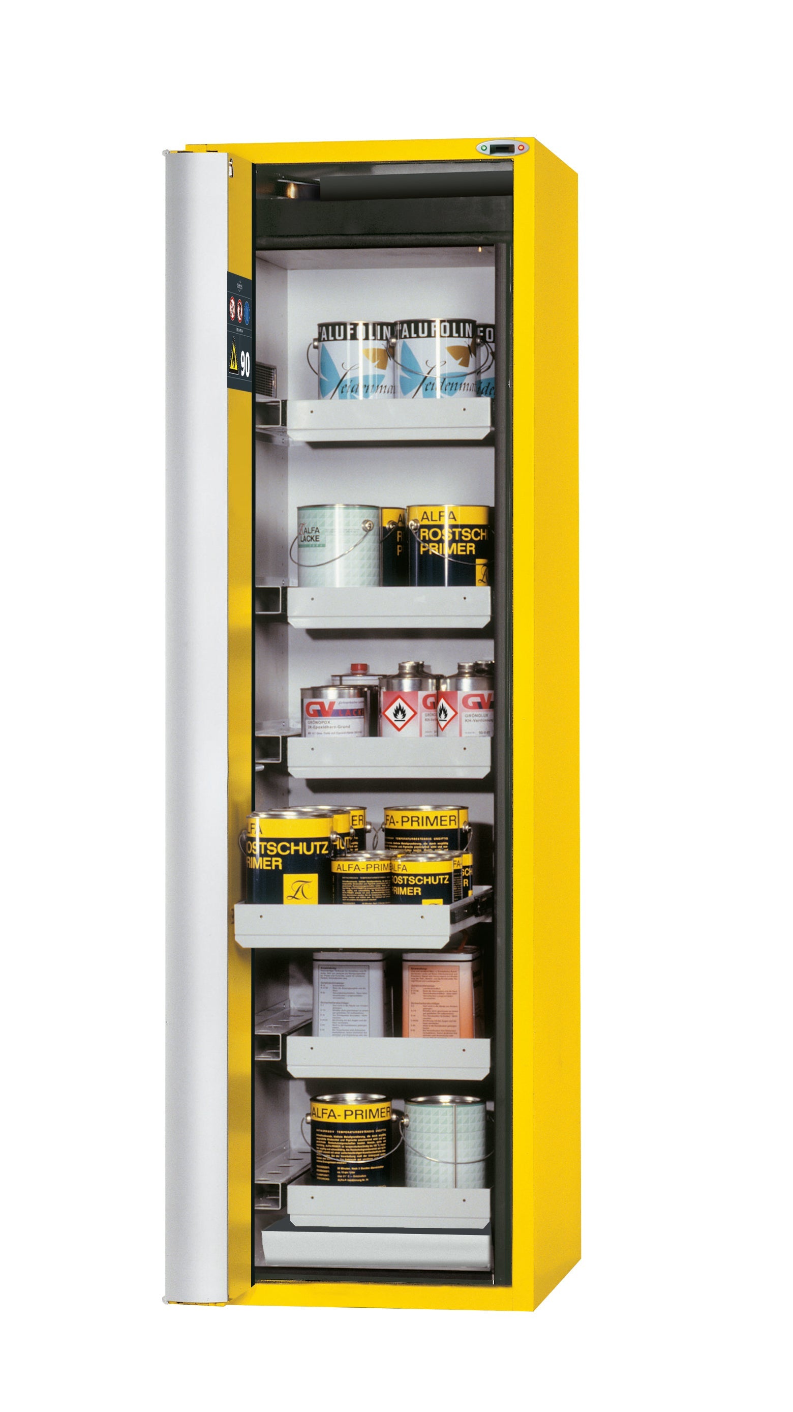 Type 90 safety cabinet S-PHOENIX touchless-90 model S90.196.060.FDAO in safety yellow RAL 1004 with 6x standard pull-out tray (sheet steel)