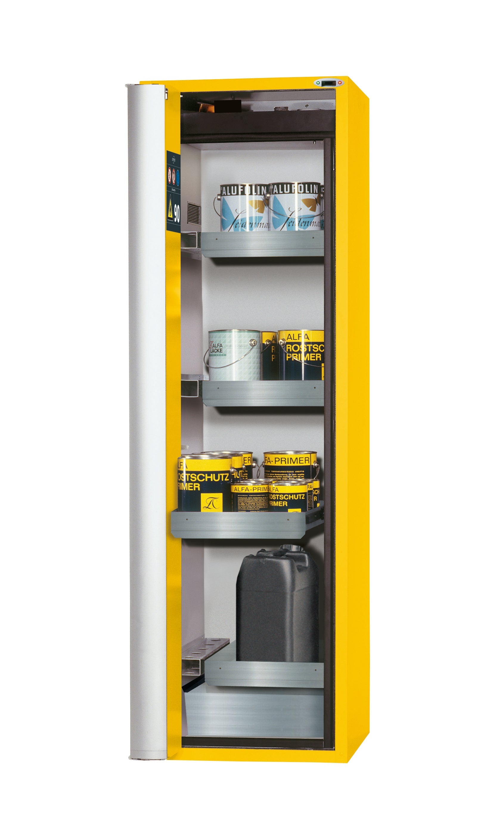 Type 90 safety cabinet S-PHOENIX touchless-90 model S90.196.060.FDAO in safety yellow RAL 1004 with 3x standard pull-out tray (stainless steel 1.4301)