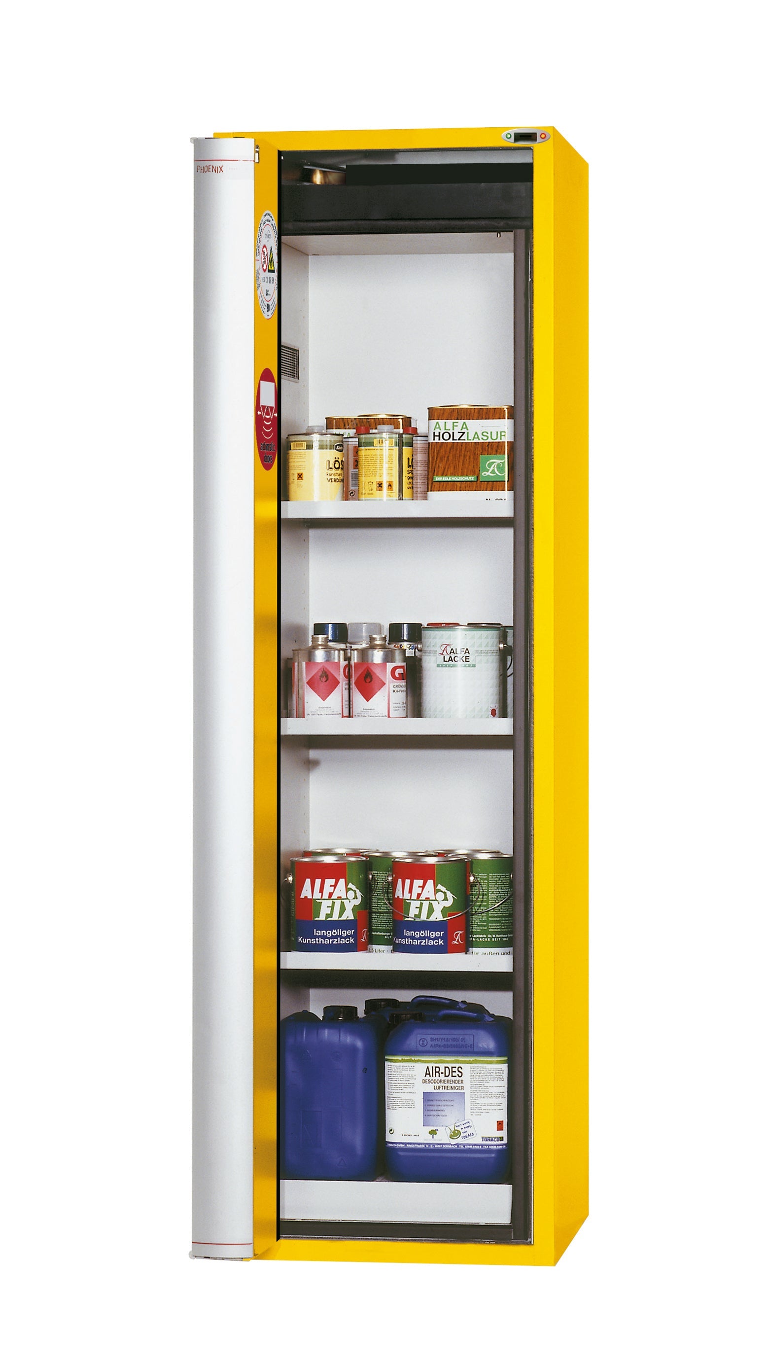 Type 90 safety cabinet S-PHOENIX touchless-90 model S90.196.060.FDAO in safety yellow RAL 1004 with 3x standard shelves (sheet steel)
