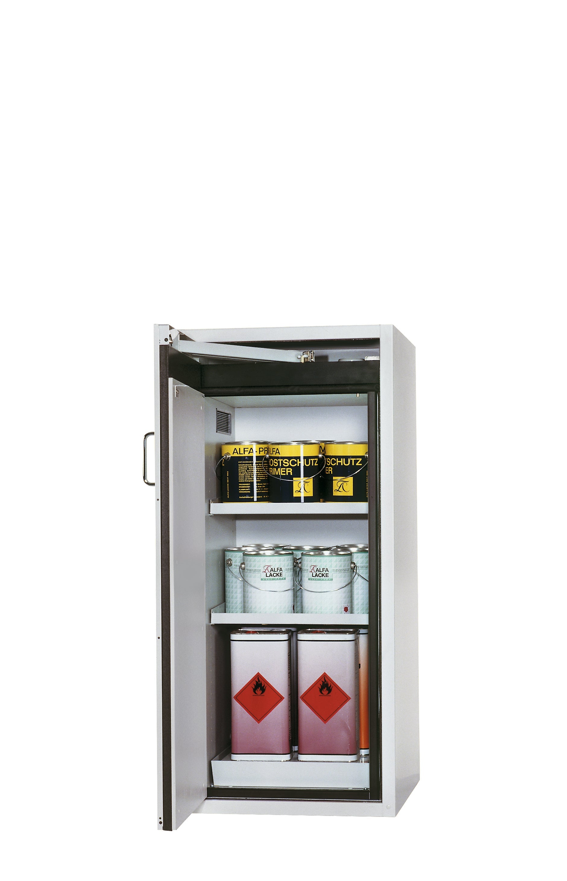 Armoire de sécurité type 90 S-CLASSIC-90 modèle S90.129.060.WDAS en gris clair RAL 7035 avec 2x étagères standard (tôle d'acier)