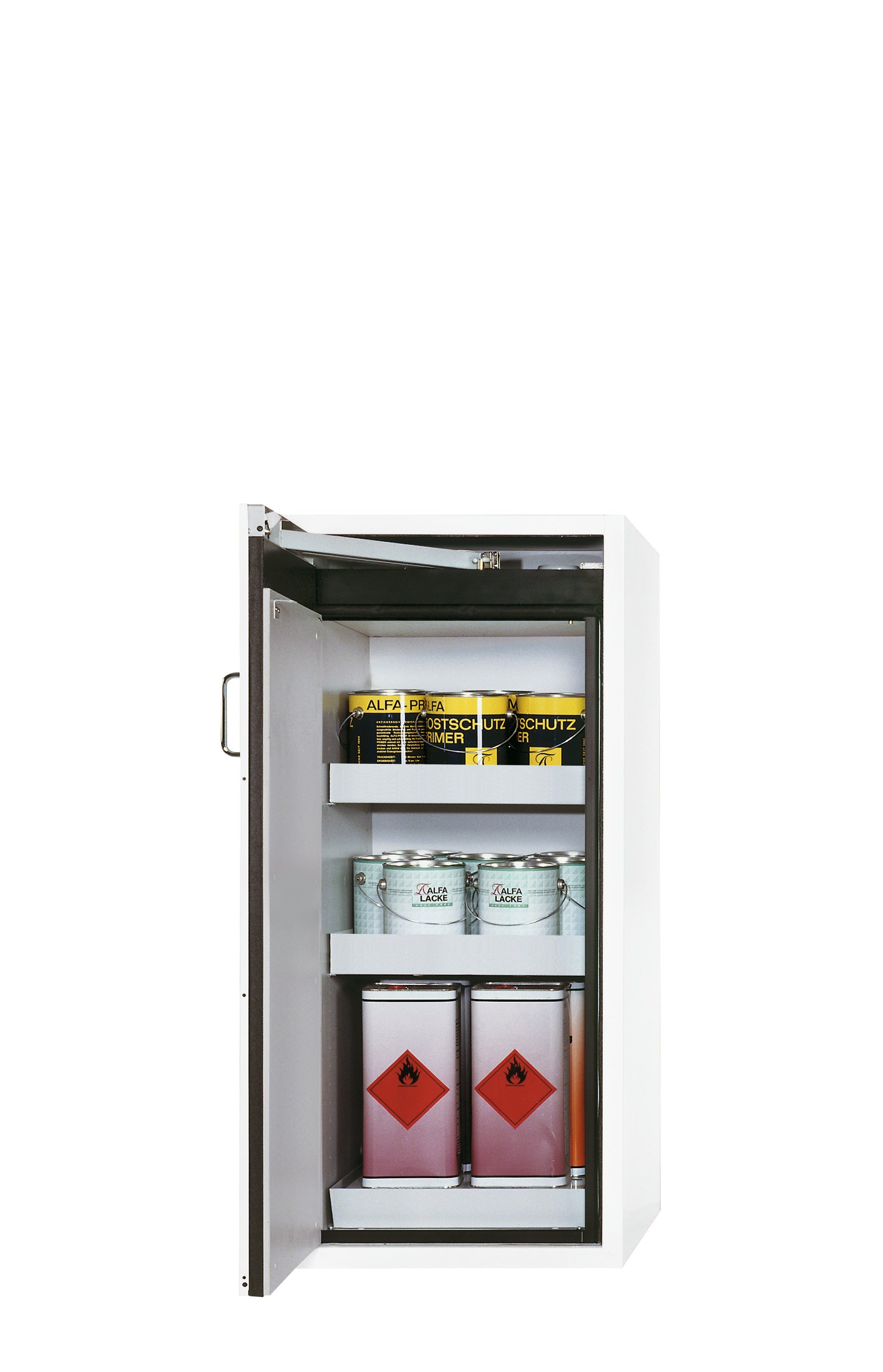 Armoire de sécurité type 90 S-CLASSIC-90 modèle S90.129.060.WDAS en blanc de laboratoire (similaire à RAL 9016) avec 2x pieds de plateau standard (tôle d'acier)