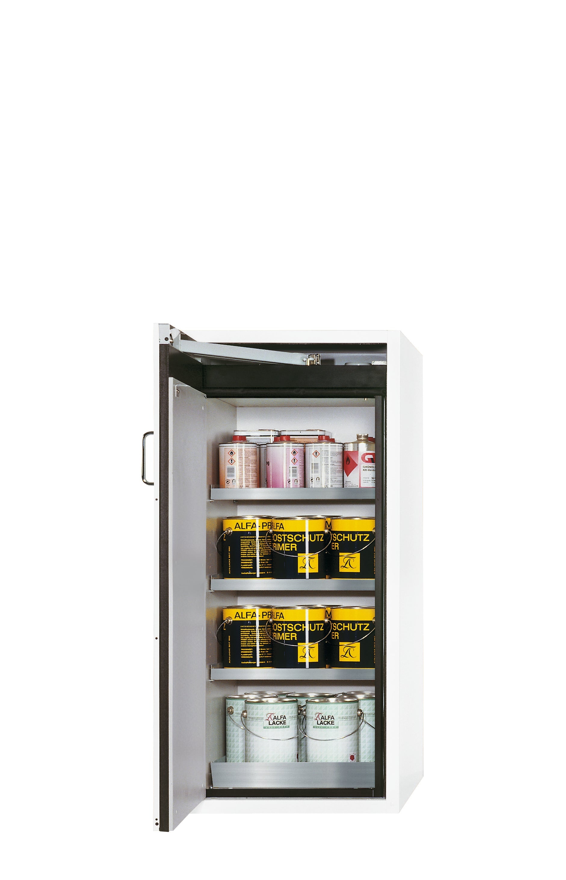 Armoire de sécurité type 90 S-CLASSIC-90 modèle S90.129.060.WDAS en blanc de laboratoire (similaire à RAL 9016) avec 3 étagères standard (acier inoxydable 1.4301)