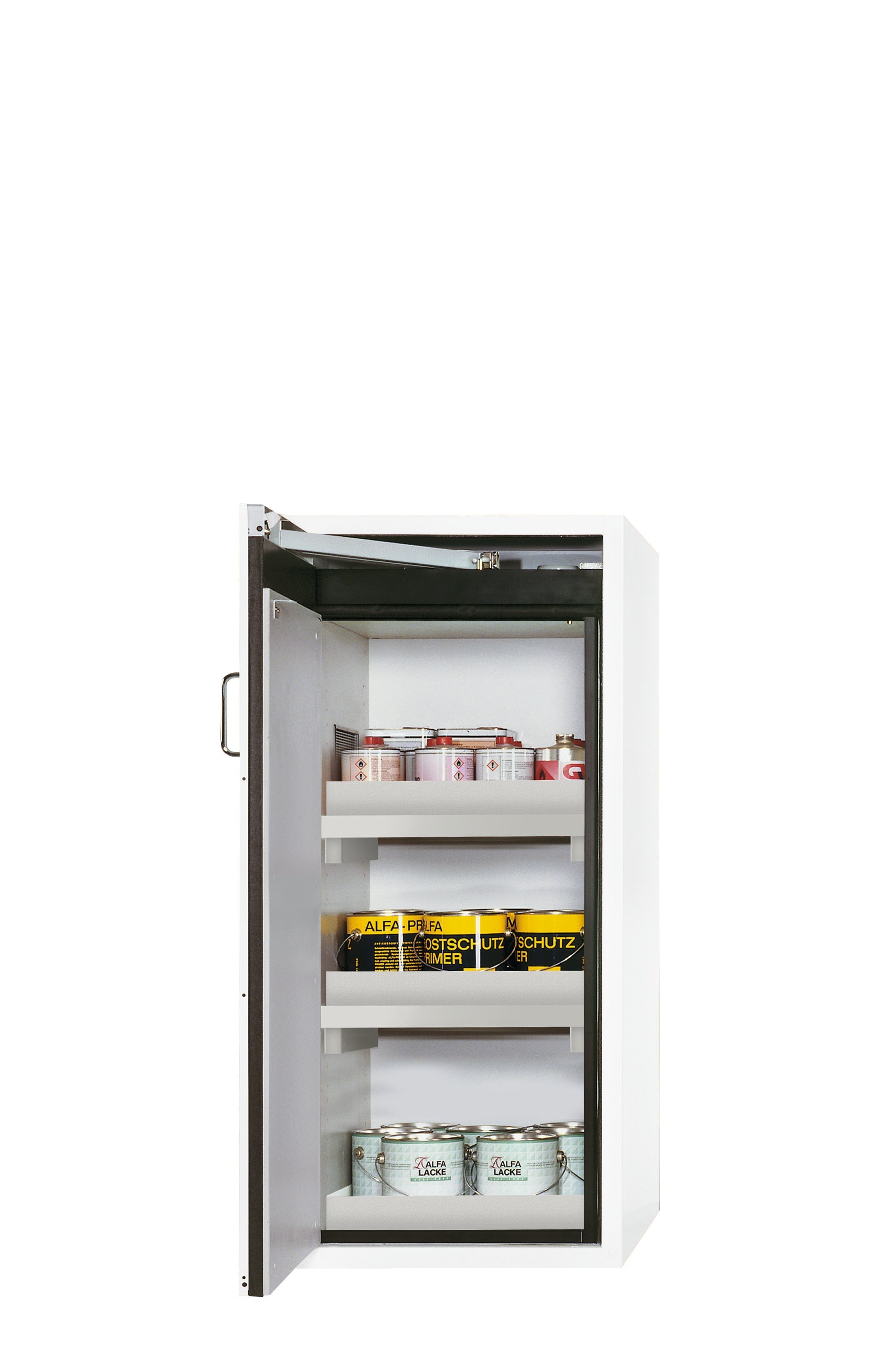 Armoire de sécurité type 90 S-CLASSIC-90 modèle S90.129.060.WDAS en blanc de laboratoire (similaire à RAL 9016) avec 2x pieds de plateau standard (polypropylène)
