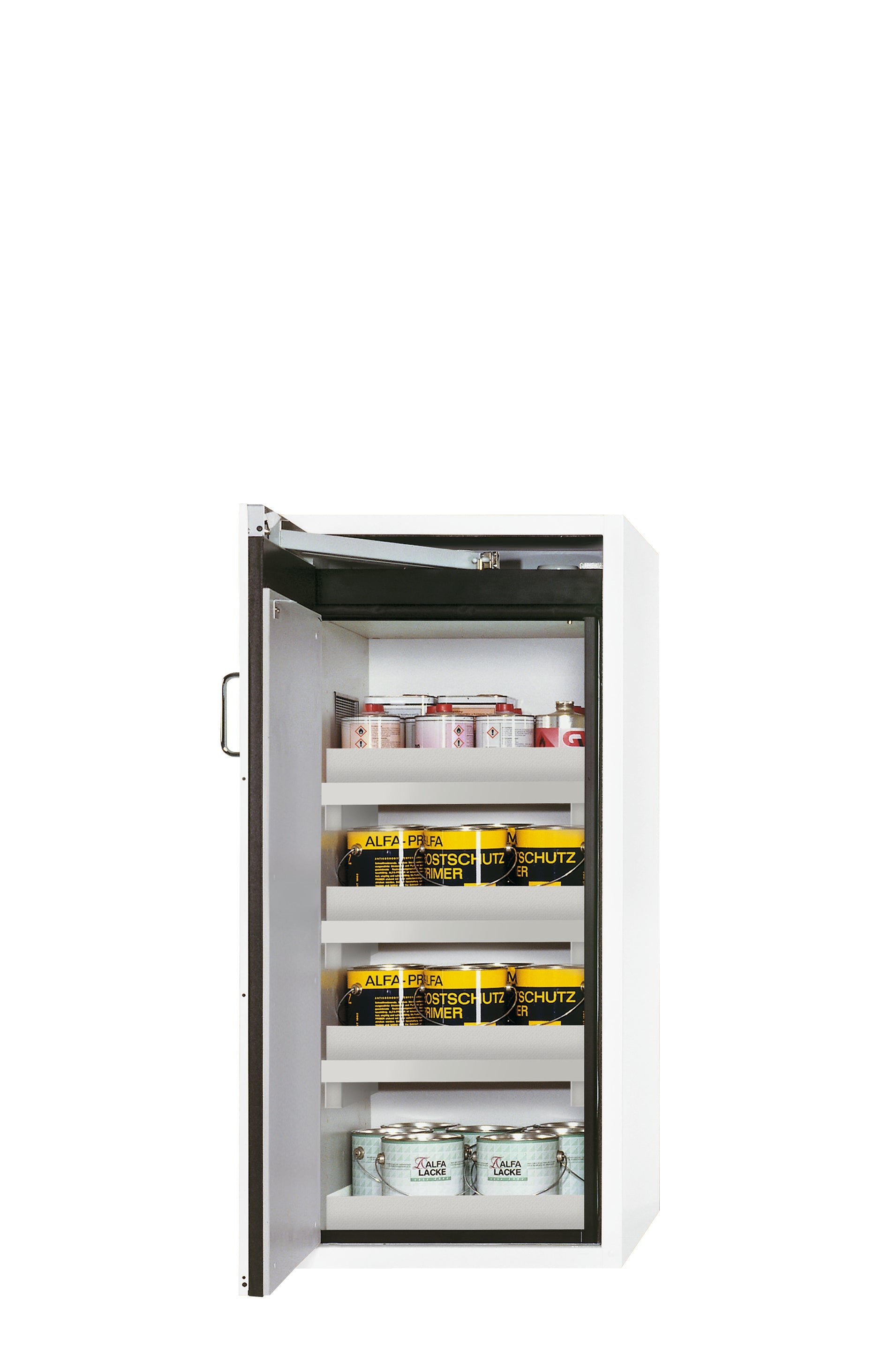Armoire de sécurité type 90 S-CLASSIC-90 modèle S90.129.060.WDAS en blanc de laboratoire (similaire à RAL 9016) avec 3x pieds de plateau standard (polypropylène)