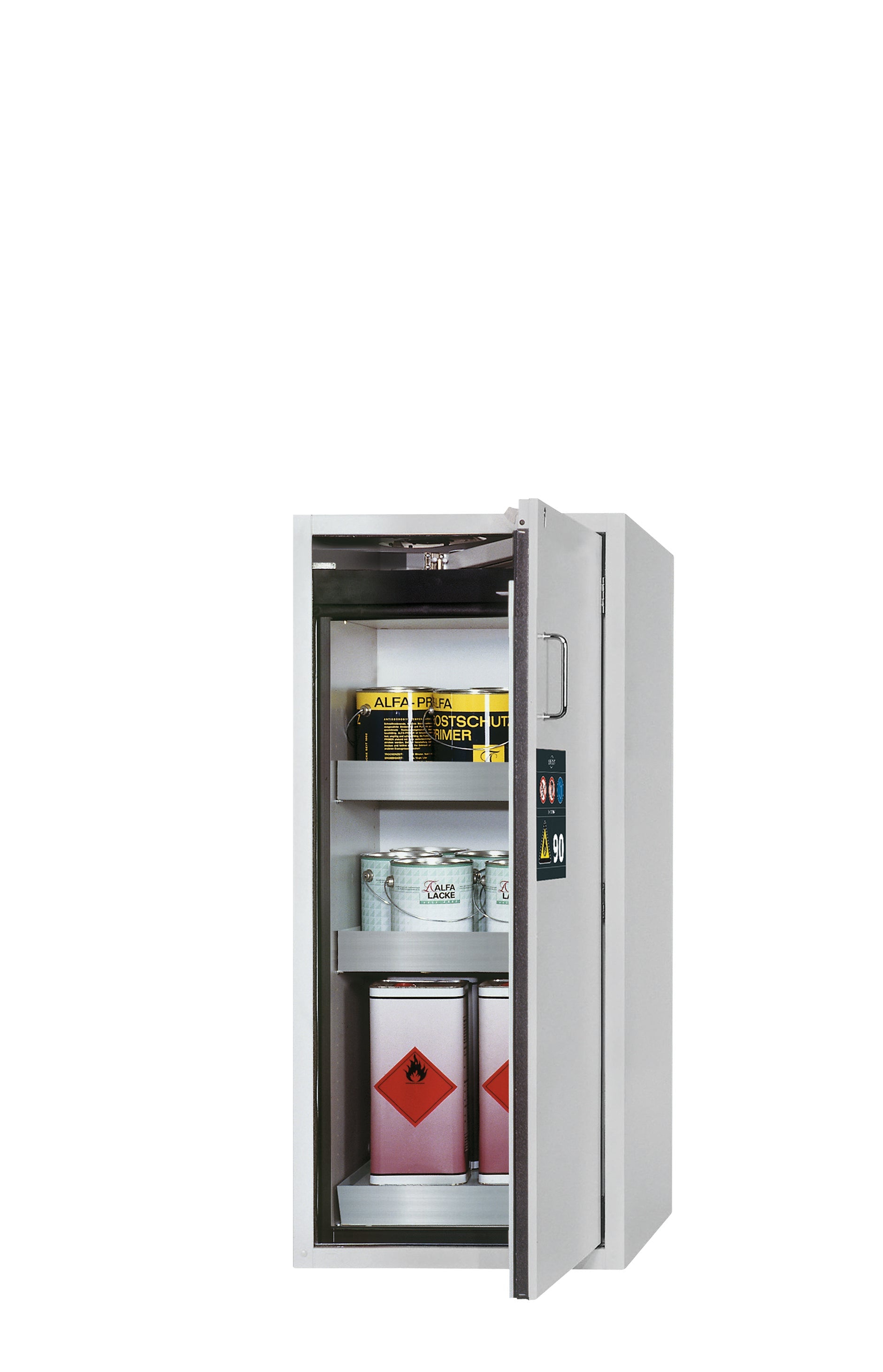 Armoire de sécurité type 90 S-CLASSIC-90 modèle S90.129.060.WDASR en gris clair RAL 7035 avec 2x base à plateau standard (acier inoxydable 1.4301)