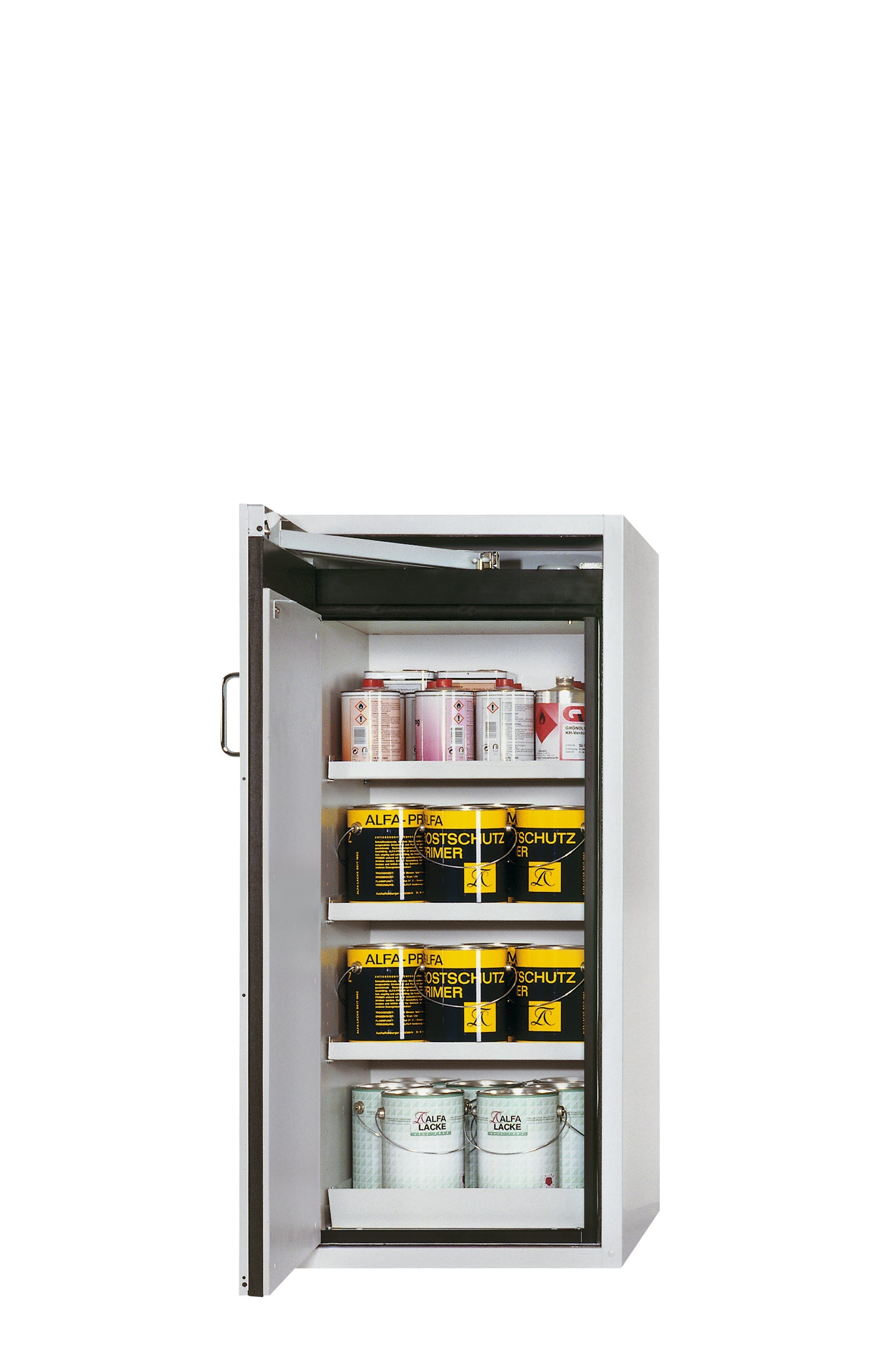 Type 90 safety cabinet S-PEGASUS-90 model S90.129.060.WDAC in light gray RAL 7035 with 3x standard shelves (sheet steel)