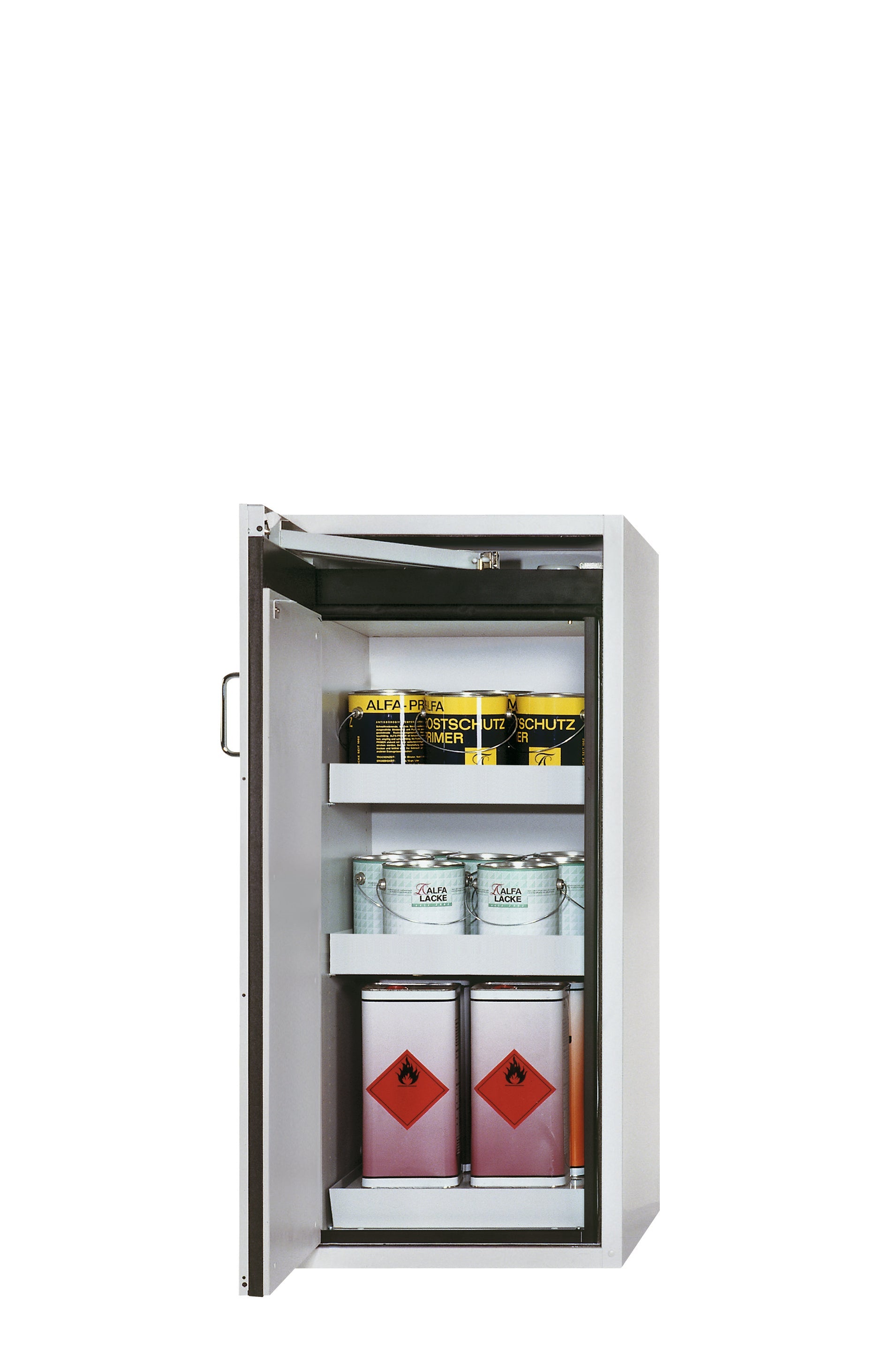 Type 90 safety cabinet S-PEGASUS-90 model S90.129.060.WDAC in light gray RAL 7035 with 2x standard tray base (sheet steel)