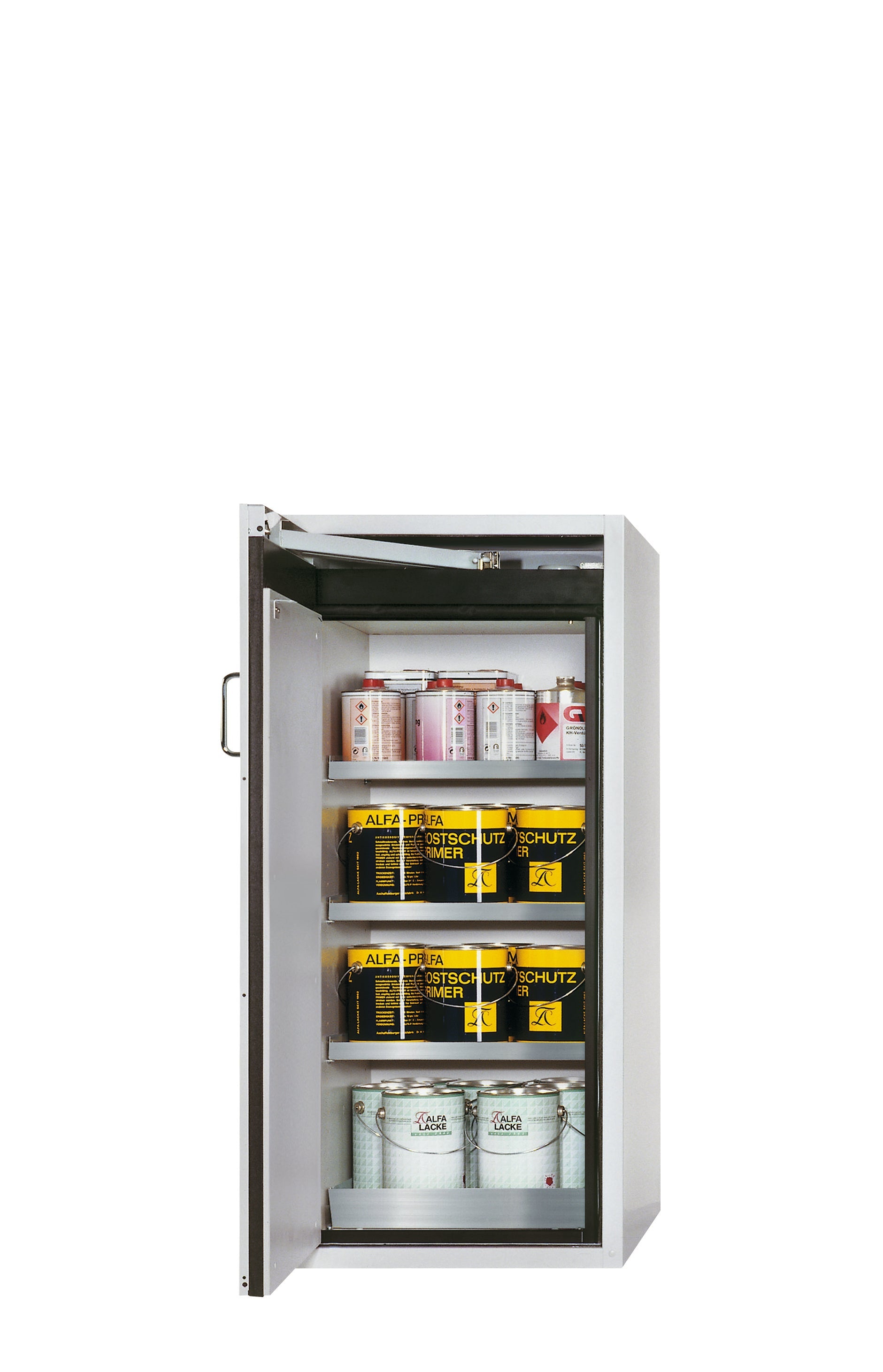 Type 90 safety cabinet S-PEGASUS-90 model S90.129.060.WDAC in light gray RAL 7035 with 3x standard shelves (stainless steel 1.4301)