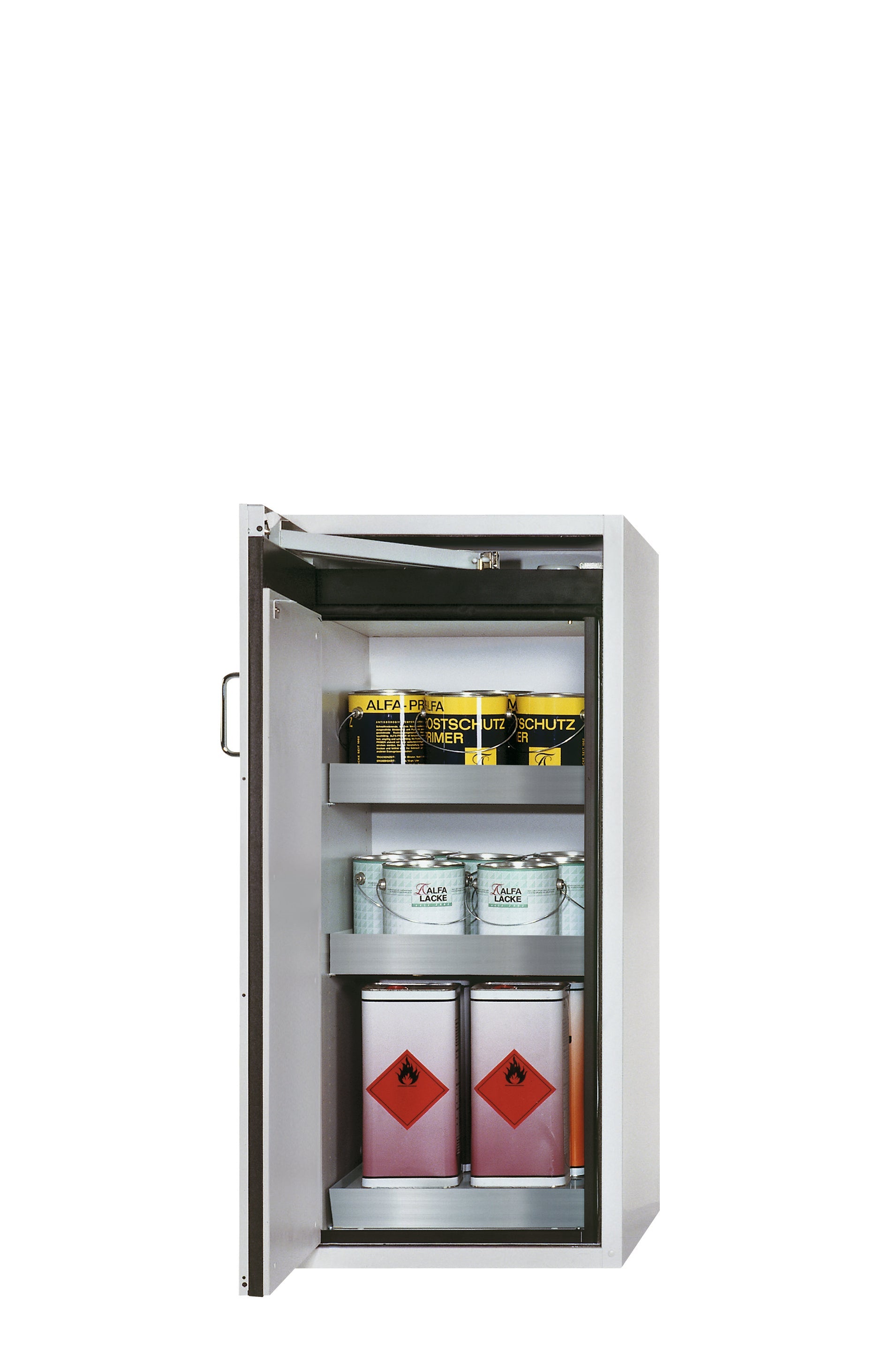 Type 90 safety cabinet S-PEGASUS-90 model S90.129.060.WDAC in light gray RAL 7035 with 2x standard tray base (stainless steel 1.4301)