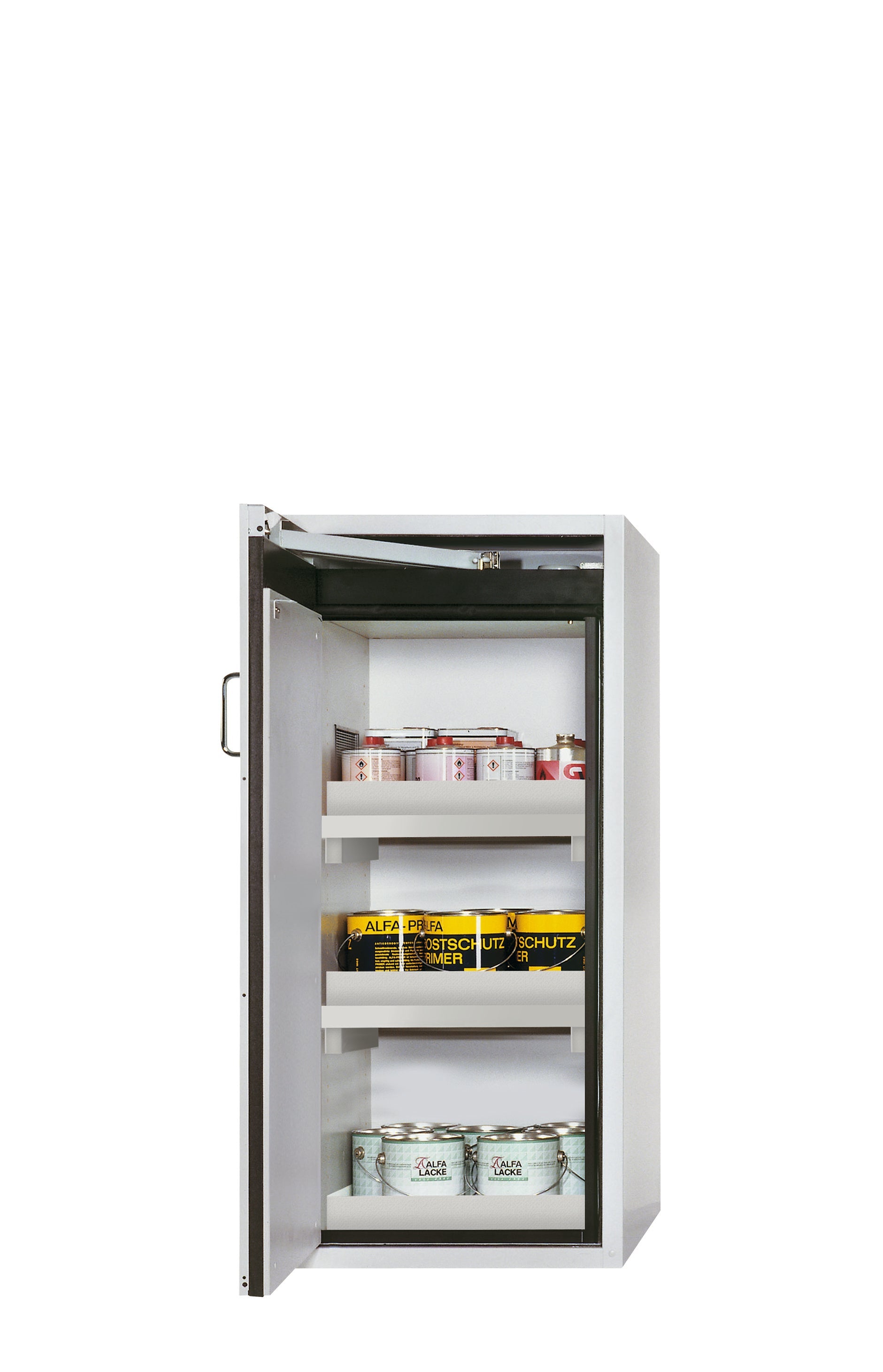 Type 90 safety cabinet S-PEGASUS-90 model S90.129.060.WDAC in light gray RAL 7035 with 2x standard tray base (polypropylene)