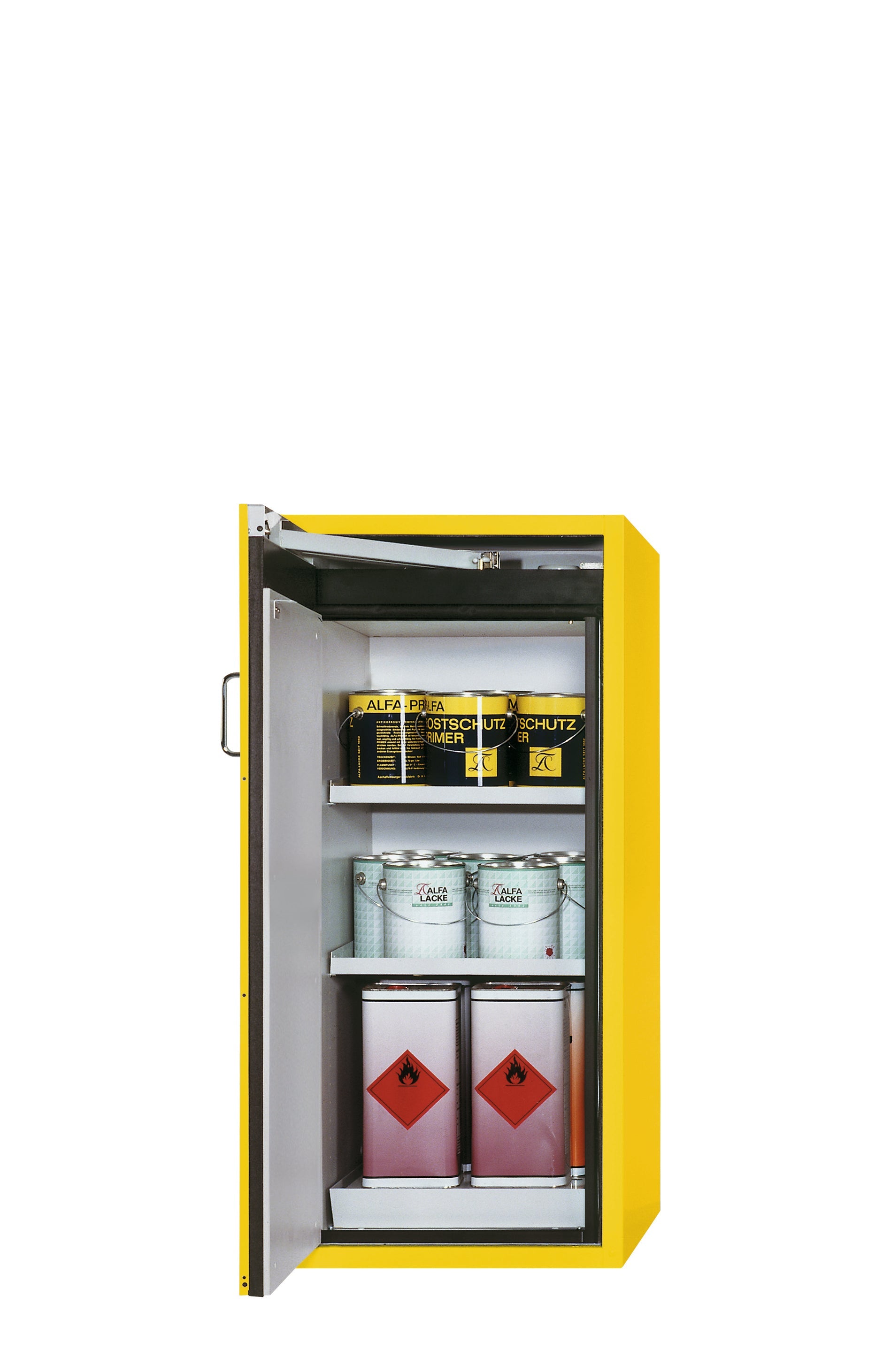 Type 90 safety cabinet S-PEGASUS-90 model S90.129.060.WDAC in safety yellow RAL 1004 with 2x standard shelves (sheet steel)
