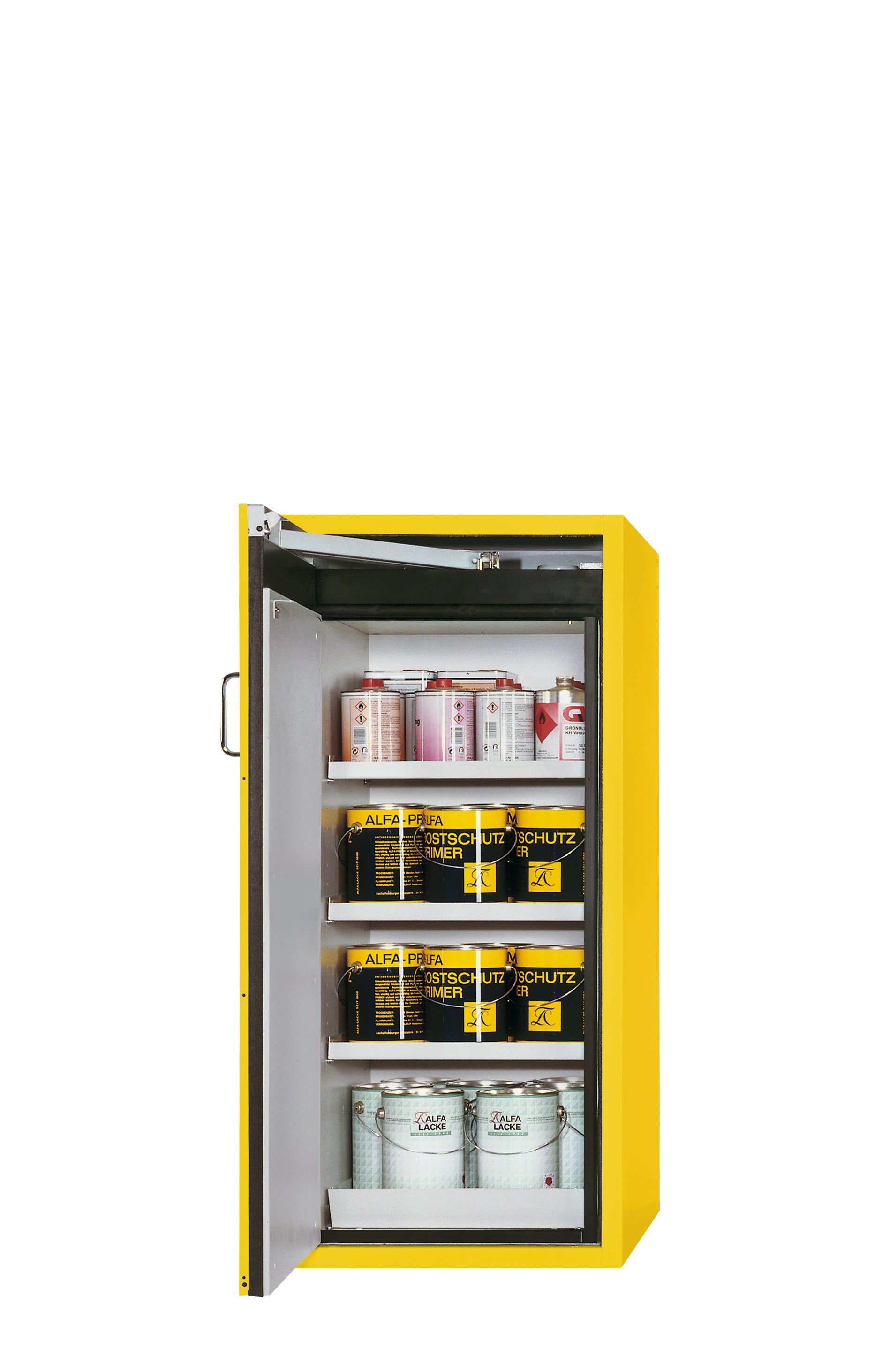 Type 90 safety cabinet S-PEGASUS-90 model S90.129.060.WDAC in safety yellow RAL 1004 with 3x standard shelves (sheet steel)