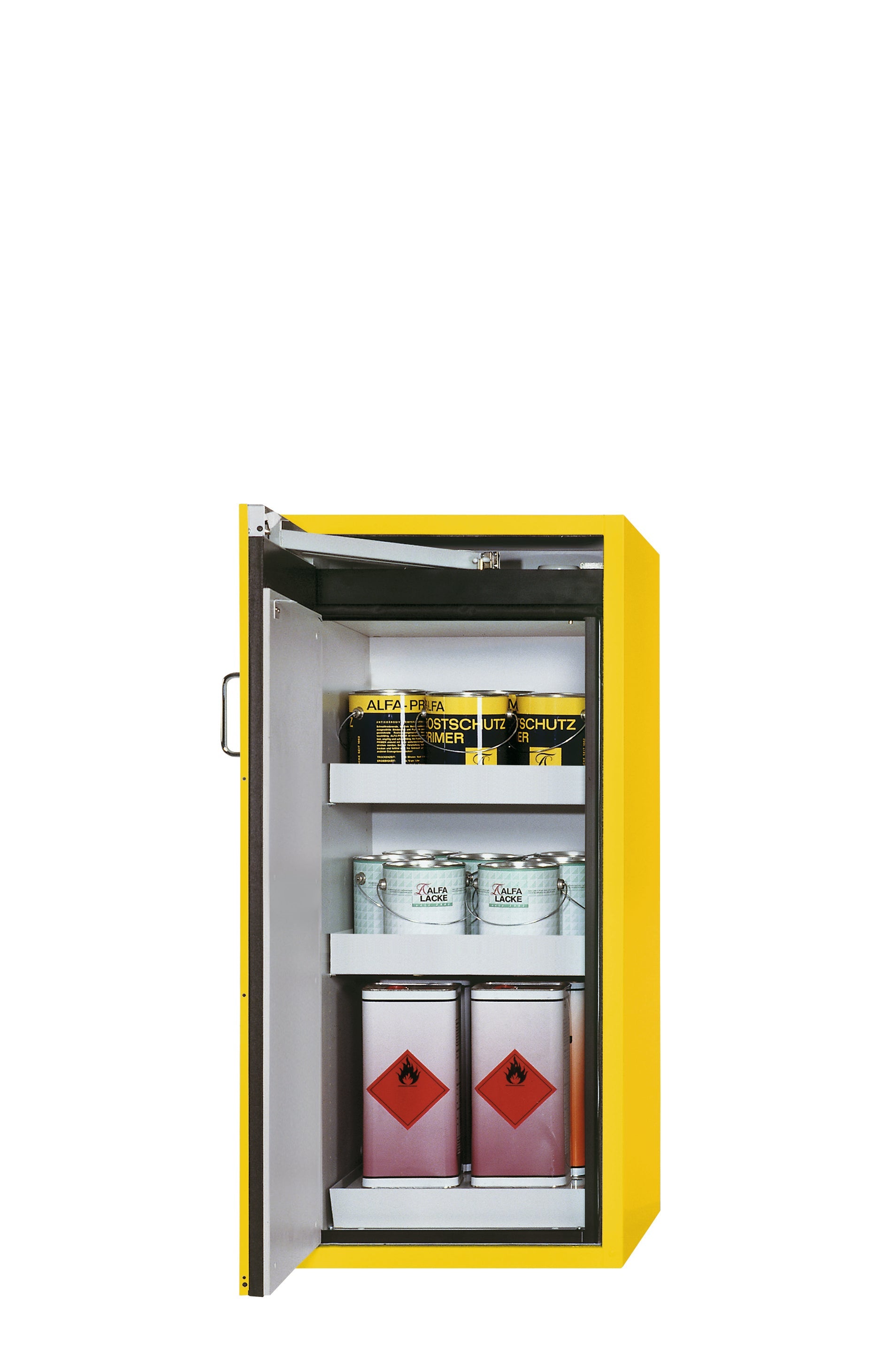 Type 90 safety cabinet S-PEGASUS-90 model S90.129.060.WDAC in safety yellow RAL 1004 with 2x standard tray base (sheet steel)