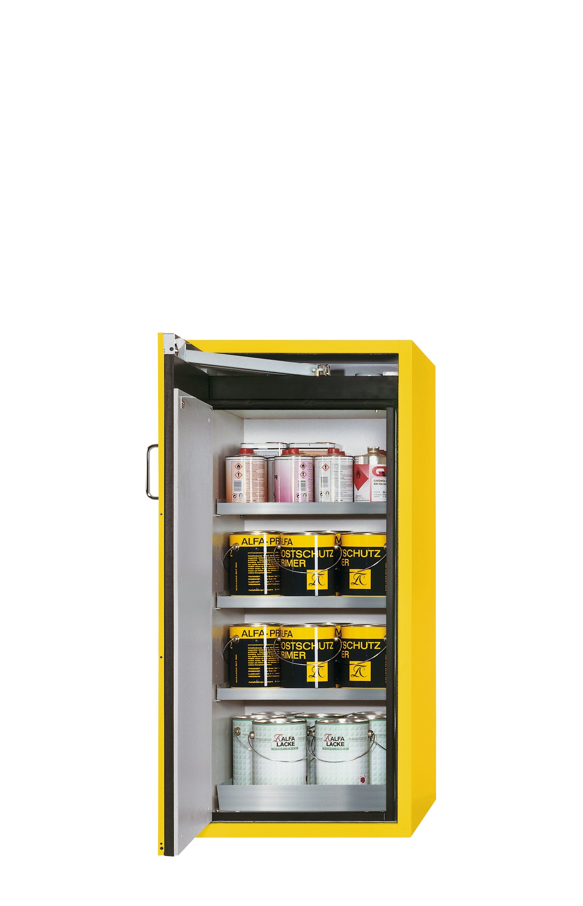 Type 90 safety cabinet S-PEGASUS-90 model S90.129.060.WDAC in safety yellow RAL 1004 with 3x standard shelves (stainless steel 1.4301)