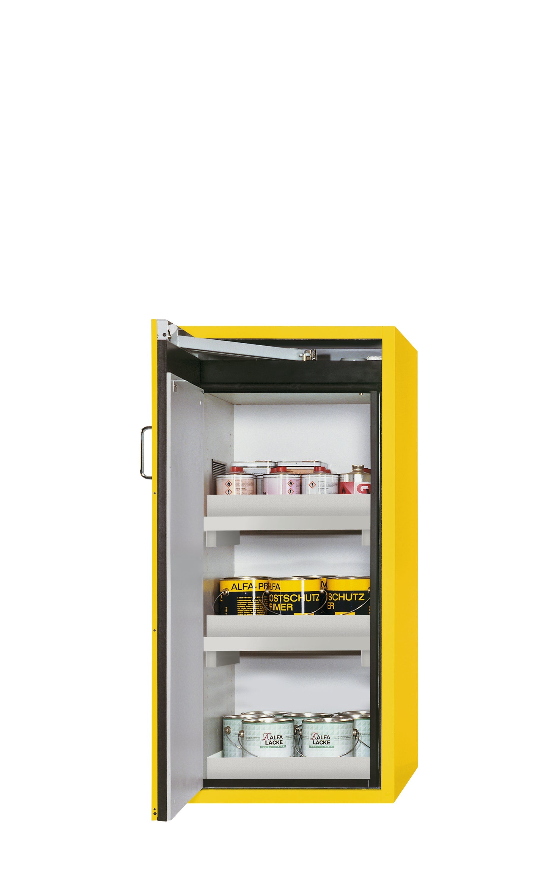 Type 90 safety cabinet S-PEGASUS-90 model S90.129.060.WDAC in safety yellow RAL 1004 with 2x standard tray base (polypropylene)
