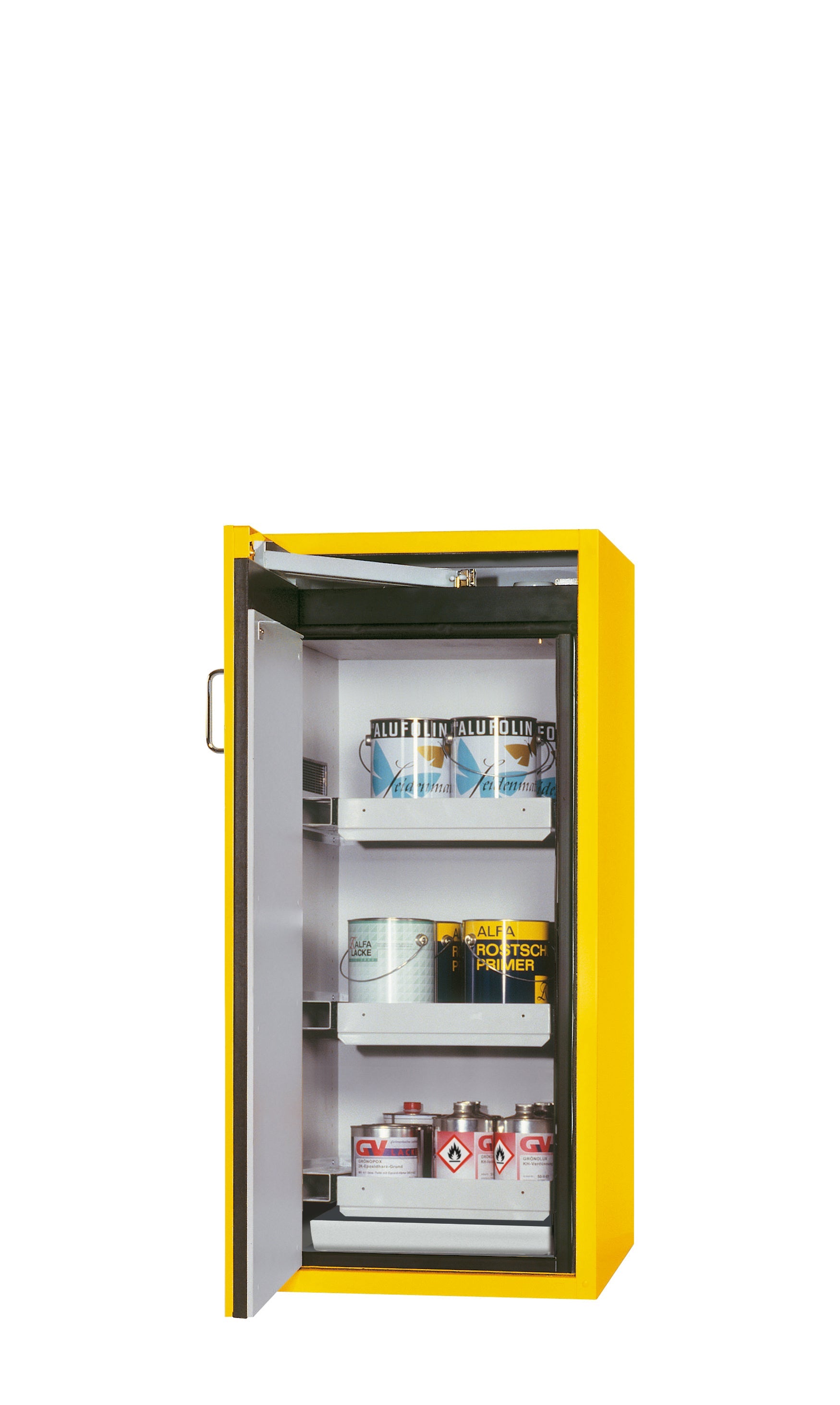 Type 90 safety cabinet S-PEGASUS-90 model S90.129.060.WDAC in safety yellow RAL 1004 with 3x standard pull-out tray (sheet steel)