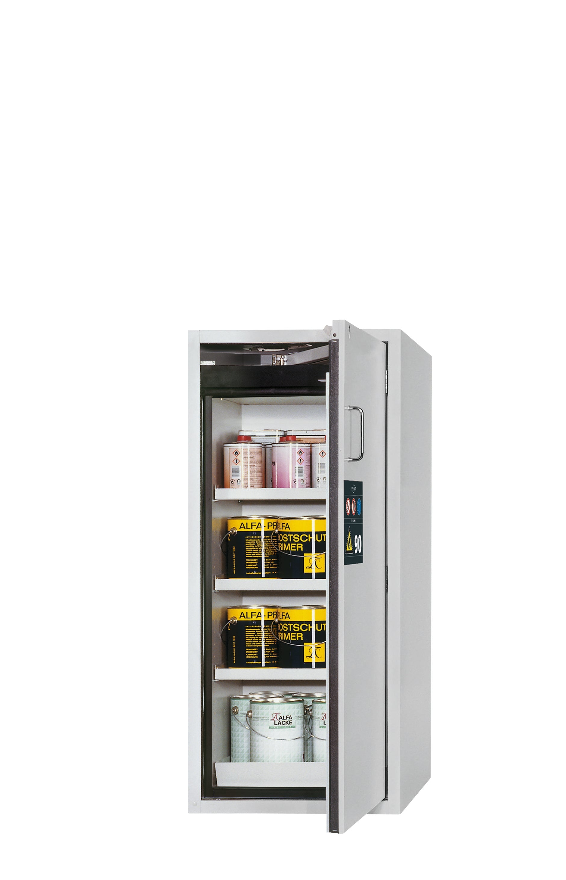 Type 90 safety cabinet S-PEGASUS-90 model S90.129.060.WDACR in light gray RAL 7035 with 3x standard shelves (sheet steel)