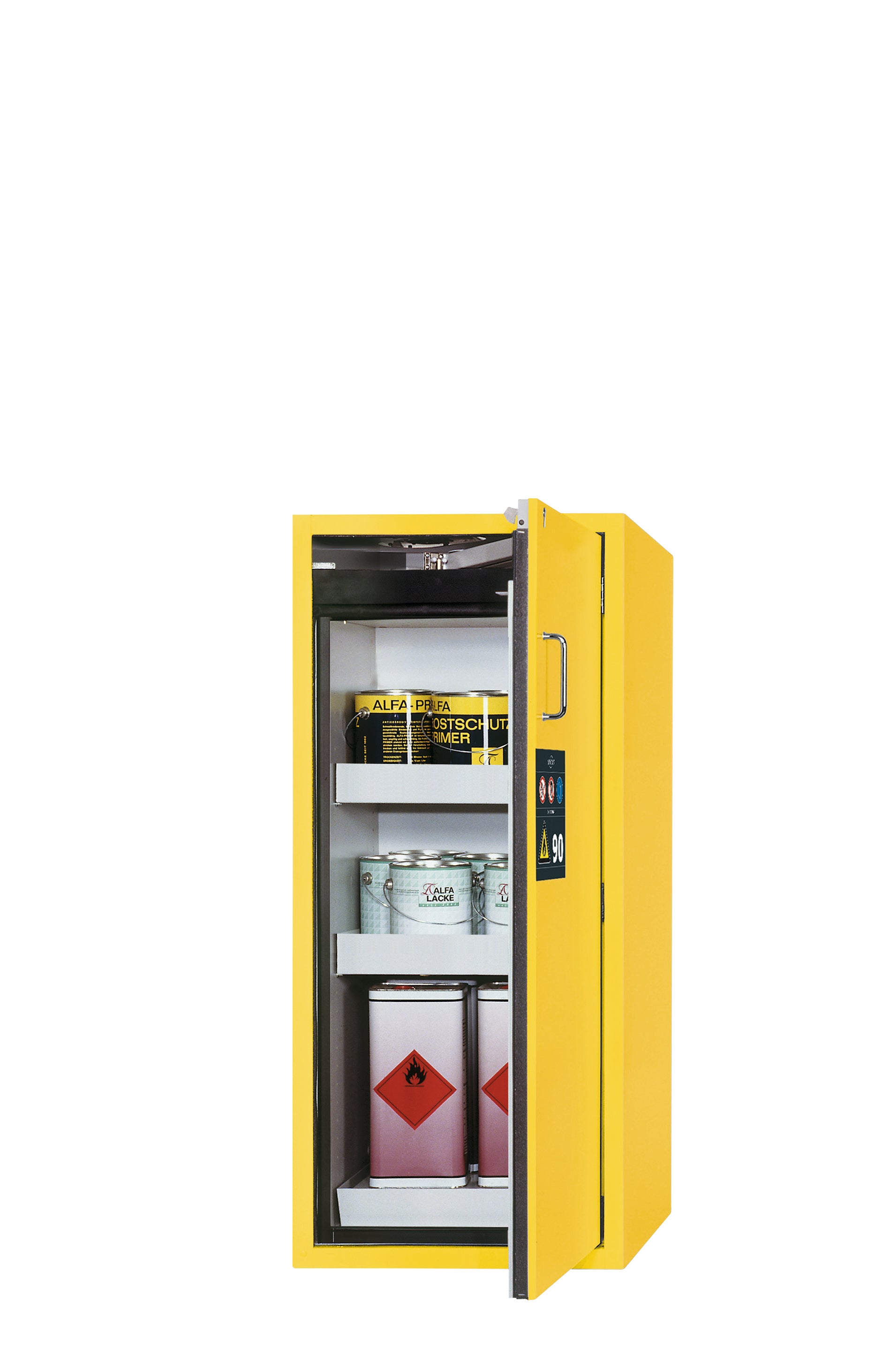 Type 90 safety cabinet S-PEGASUS-90 model S90.129.060.WDACR in safety yellow RAL 1004 with 2x standard tray base (sheet steel)