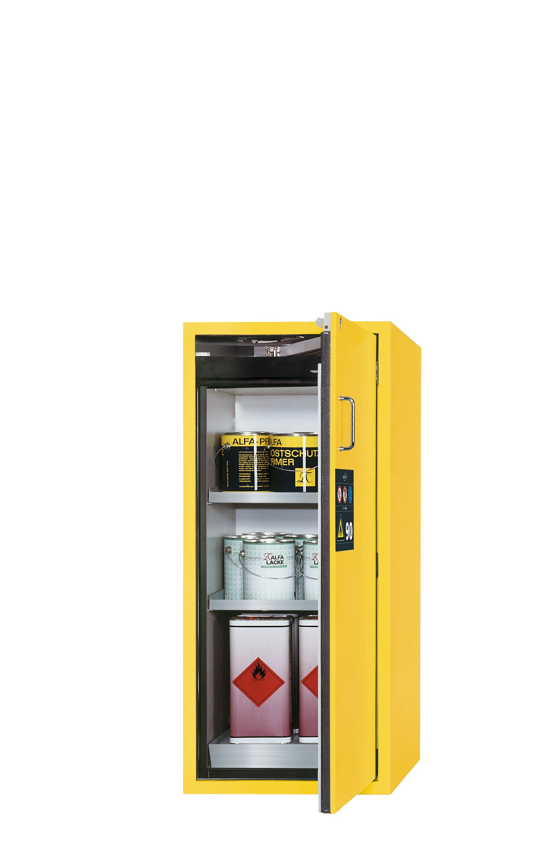 Type 90 safety cabinet S-PEGASUS-90 model S90.129.060.WDACR in safety yellow RAL 1004 with 2x standard shelves (stainless steel 1.4301)