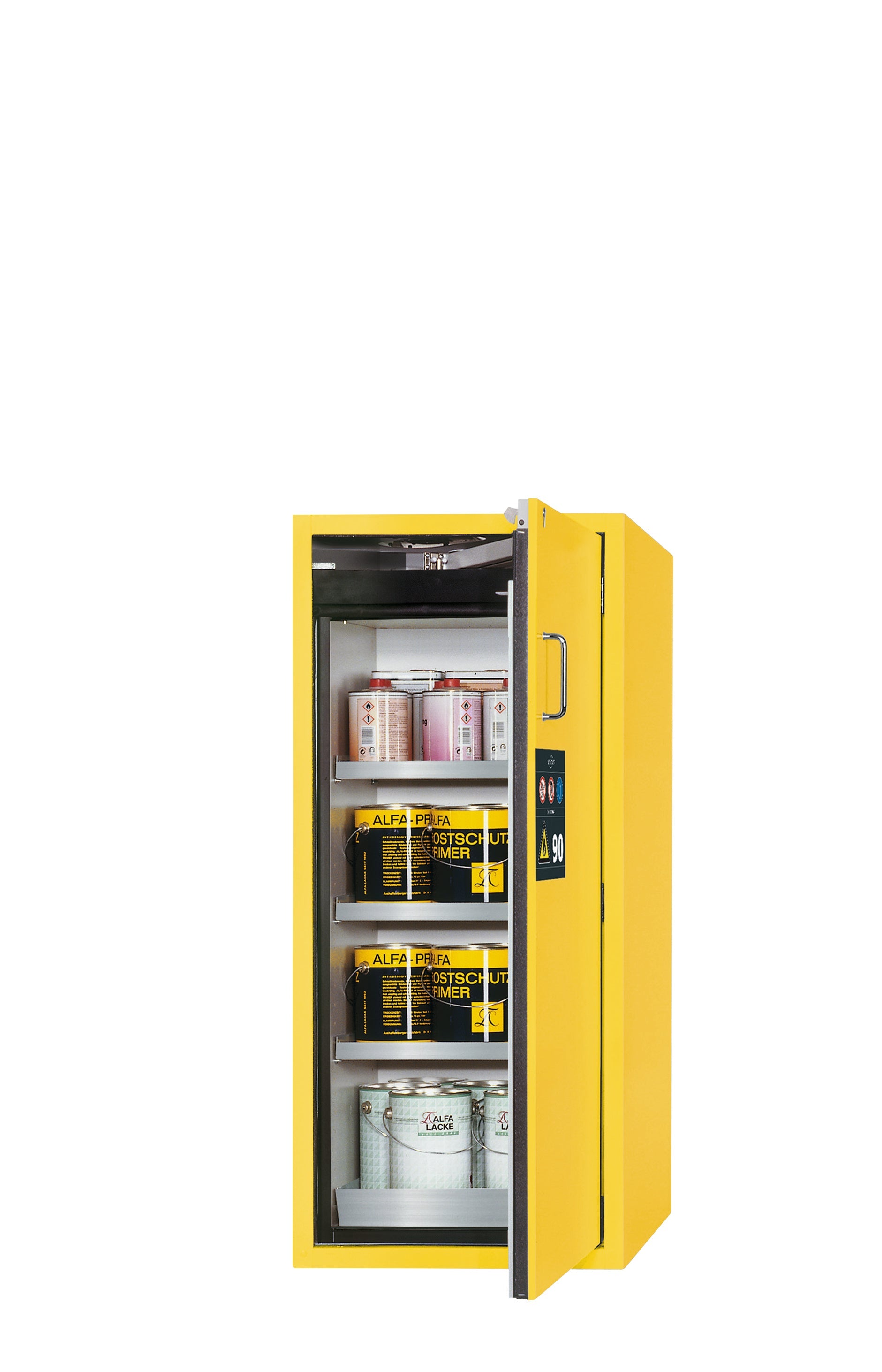 Type 90 safety cabinet S-PEGASUS-90 model S90.129.060.WDACR in safety yellow RAL 1004 with 3x standard shelves (stainless steel 1.4301)
