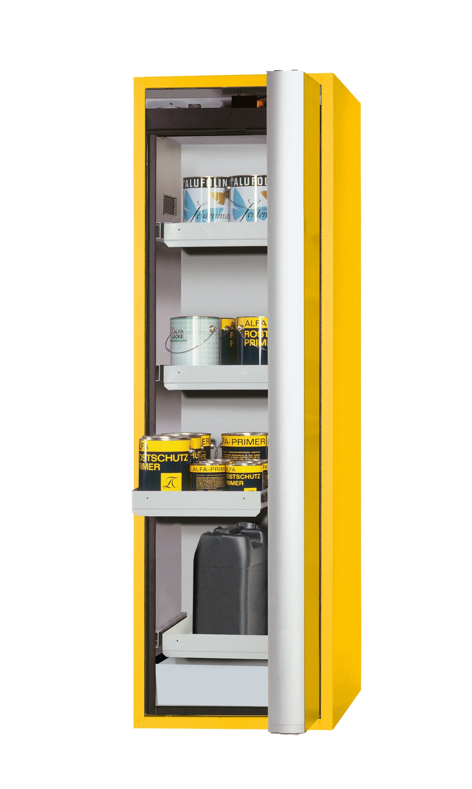 Armoire de sécurité type 90 S-PHOENIX-90 modèle S90.196.060.075.FDASR en jaune de sécurité RAL 1004 avec 3 plateaux coulissants standard (tôle d'acier)