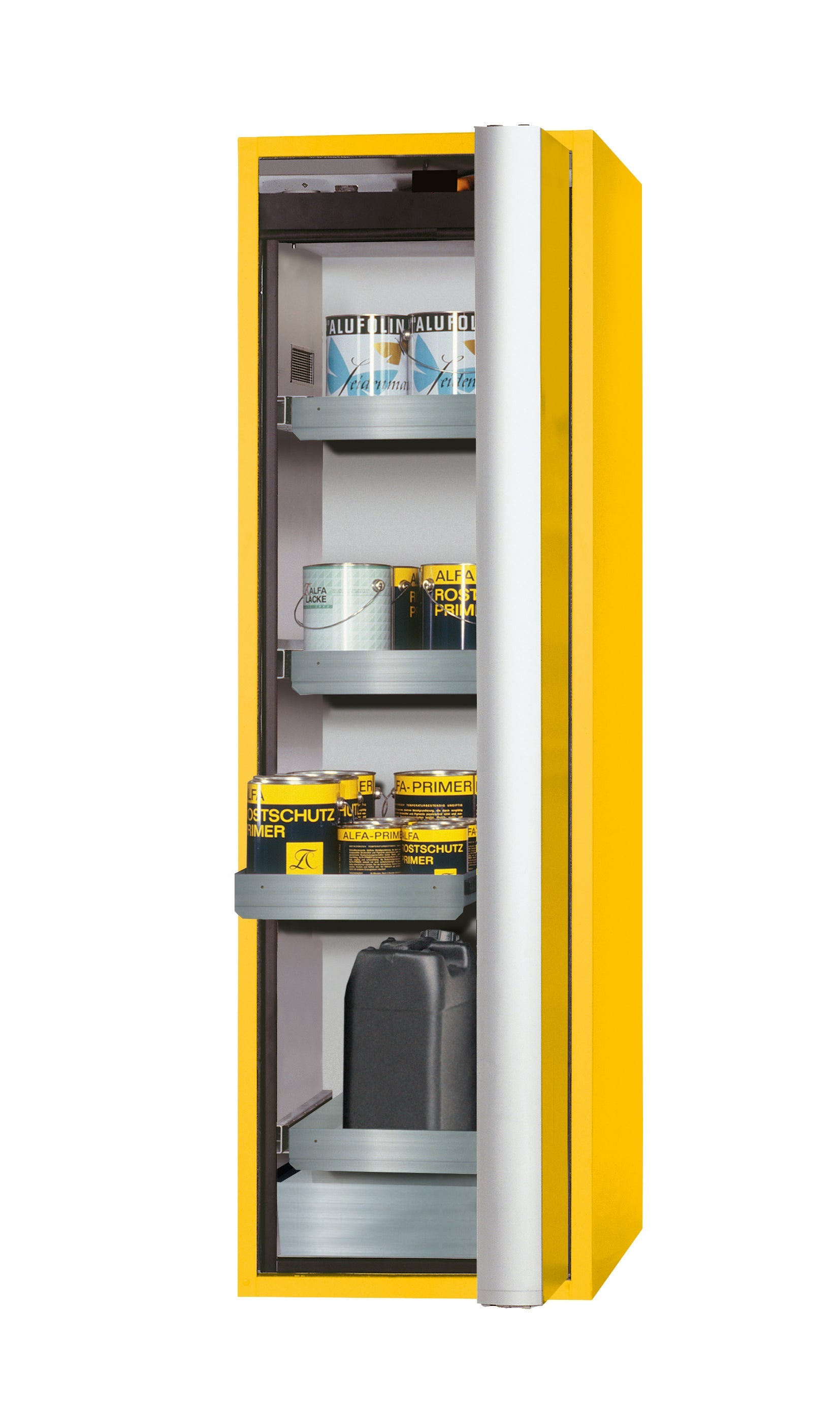 Typ 90 Sicherheitsschrank S-PHOENIX Vol.2-90 Modell S90.196.060.075.FDACR in sicherheitsgelb RAL 1004 mit 3x Auszugswanne Standard (Edelstahl 1.4301)
