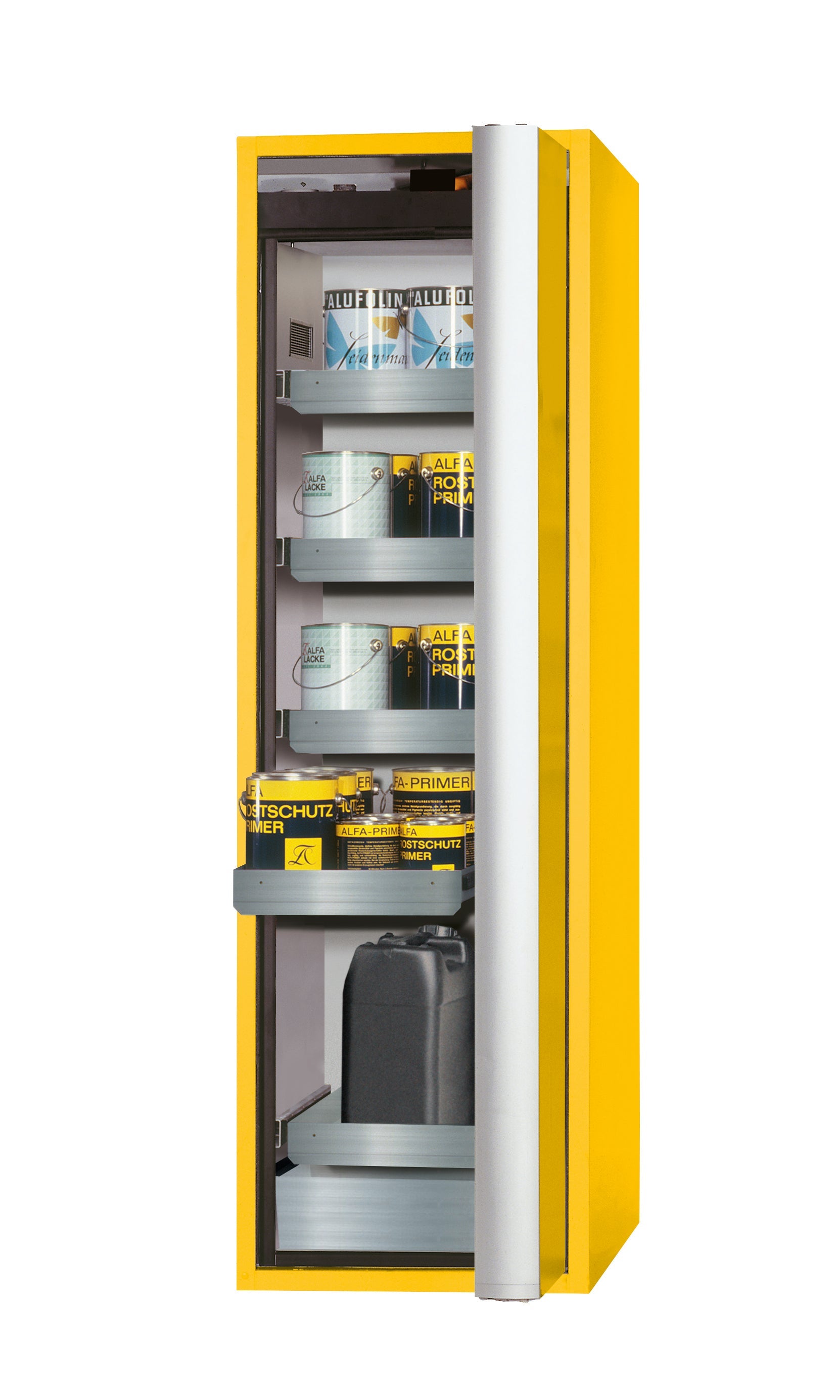 Armoire de sécurité type 90 S-PHOENIX-90 modèle S90.196.060.075.FDASR en jaune de sécurité RAL 1004 avec 4x plateaux coulissants standard (acier inoxydable 1.4301)