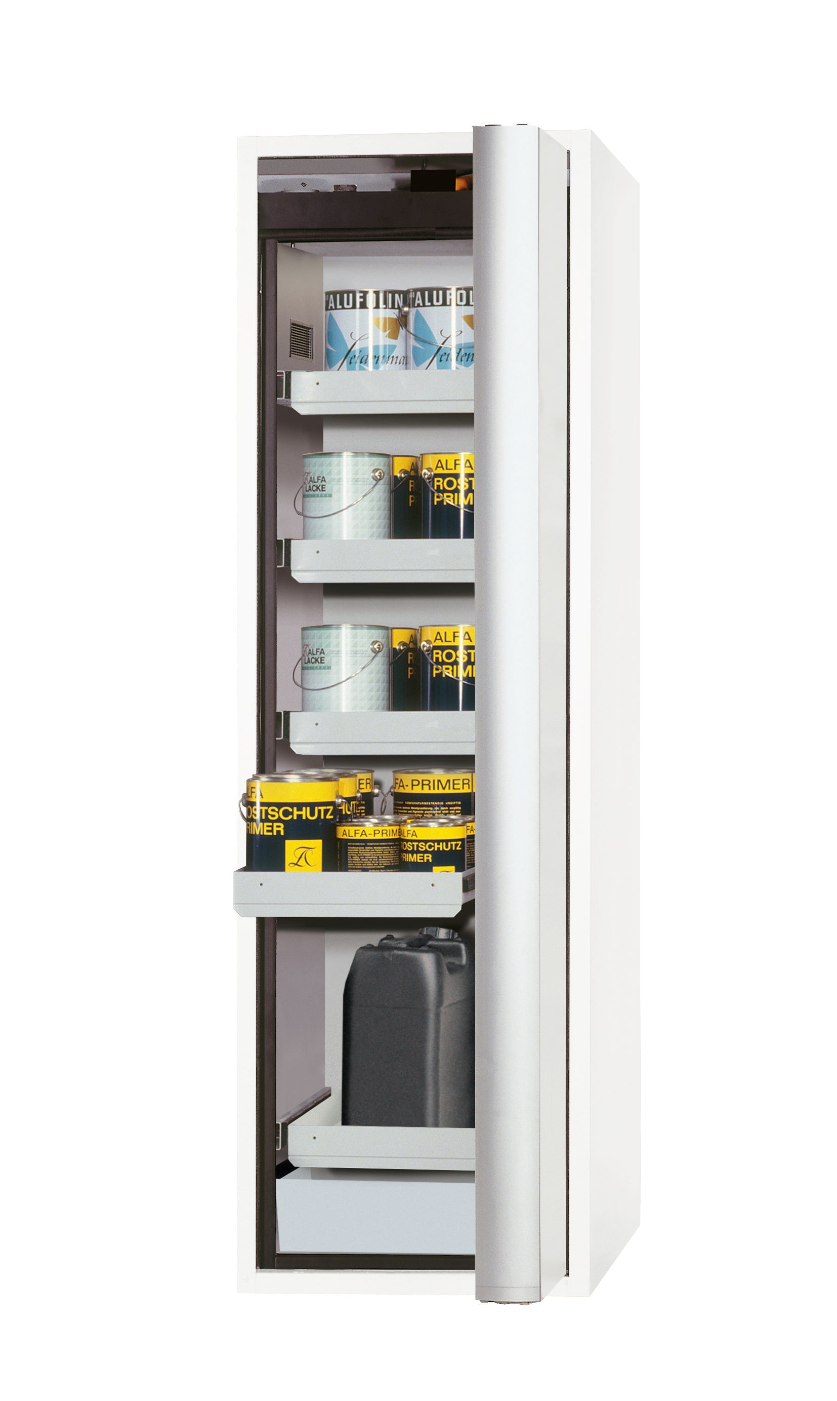 Armoire de sécurité type 90 S-PHOENIX-90 modèle S90.196.060.075.FDASR en blanc de laboratoire (similaire à RAL 9016) avec 4x plateaux coulissants standard (tôle d'acier)