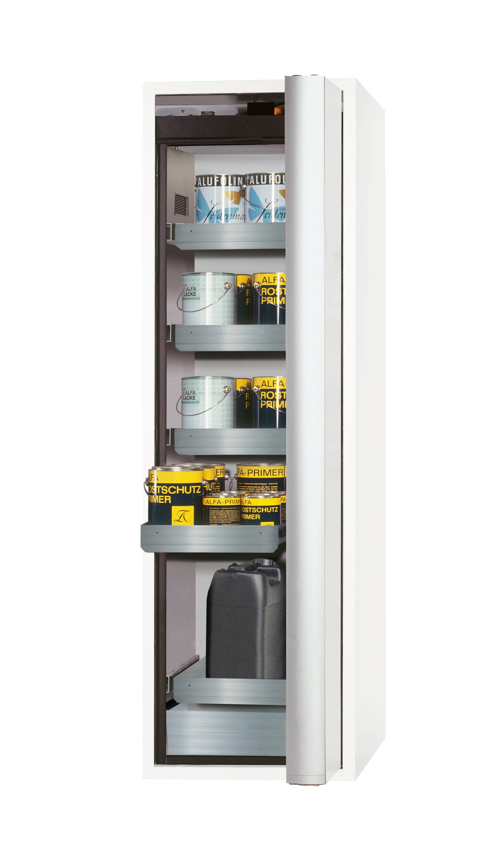 Armoire de sécurité type 90 S-PHOENIX-90 modèle S90.196.060.075.FDASR en blanc de laboratoire (similaire à RAL 9016) avec 4x plateaux coulissants standard (acier inoxydable 1.4301)