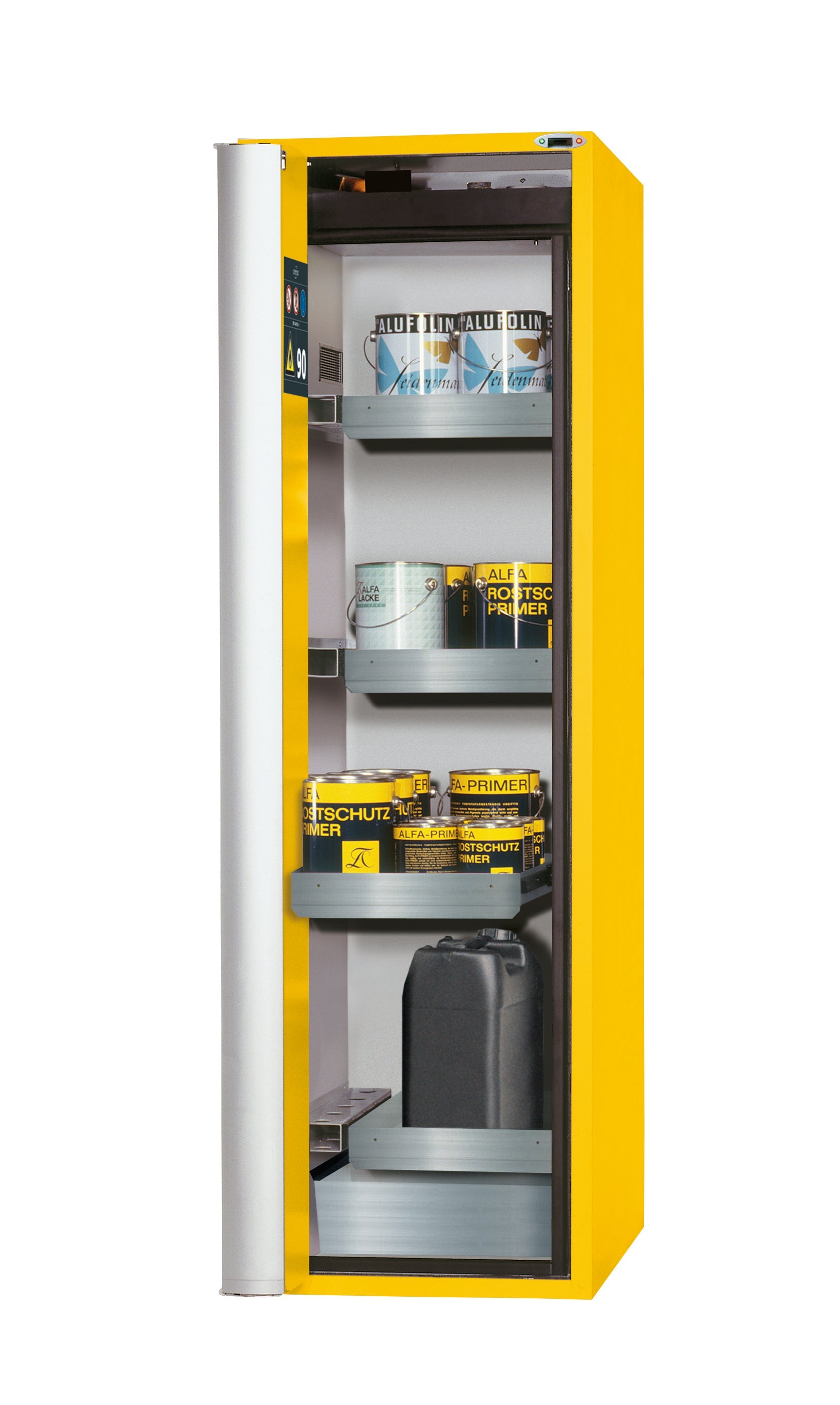 Type 90 safety cabinet S-PHOENIX touchless-90 model S90.196.060.075.FDAO in safety yellow RAL 1004 with 3x standard pull-out tray (stainless steel 1.4301)