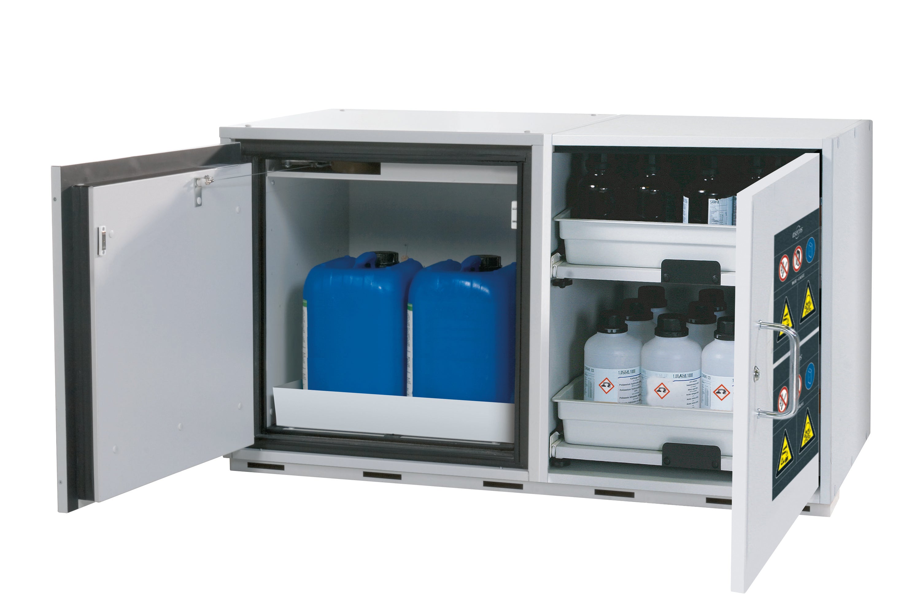 Typ 90 Kombi-Sicherheitsschrank K-UB-90 Modell K90.060.110.050.UB.2T in lichtgrau RAL 7035 mit 1x Lochblecheinsatz Standard (Stahlblech)