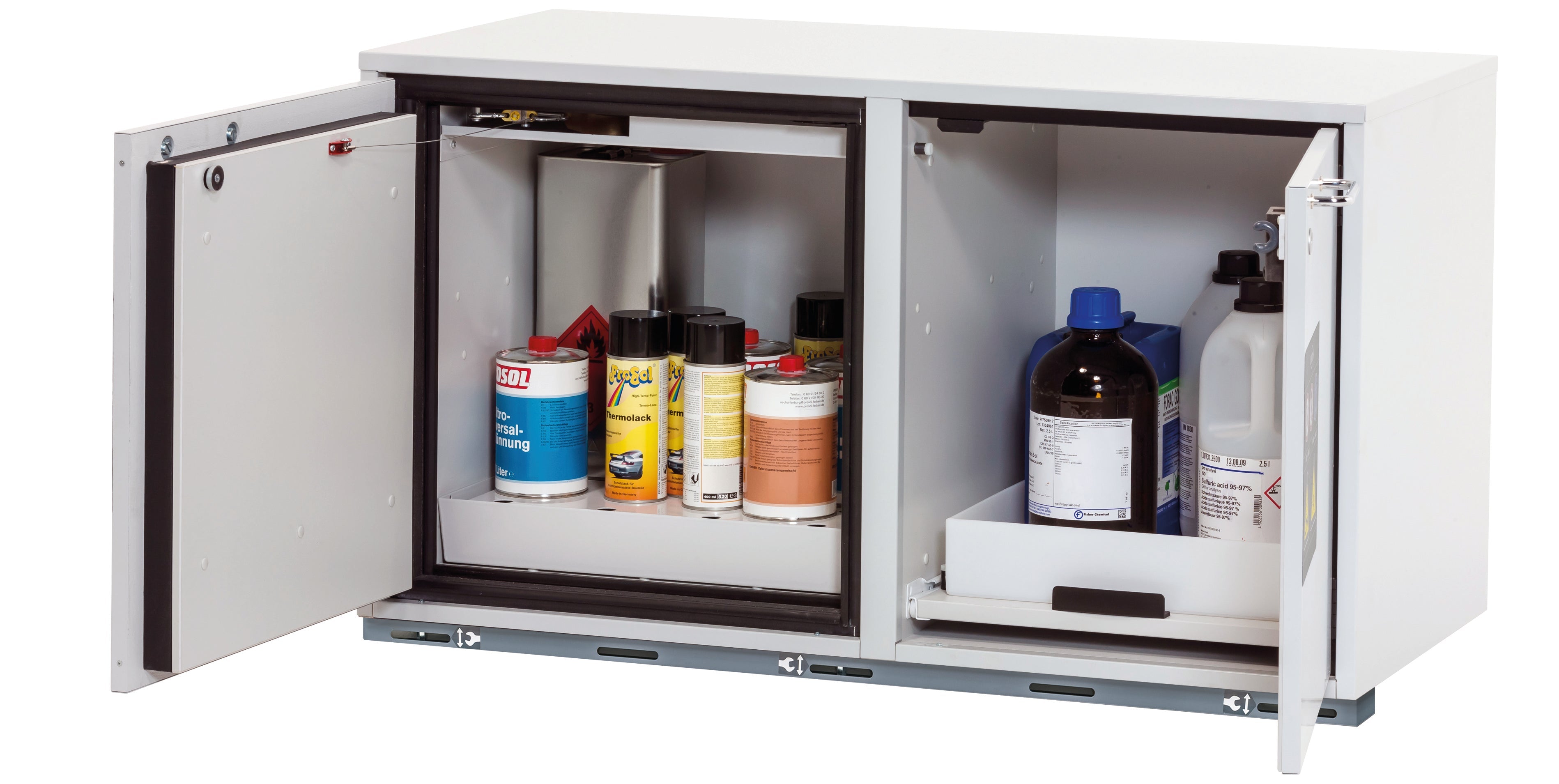 Type 90 combination safety cabinet K-UB-90 model K90.060.110.050.UB.2T in light gray RAL 7035 with 1x perforated plate insert standard (sheet steel)