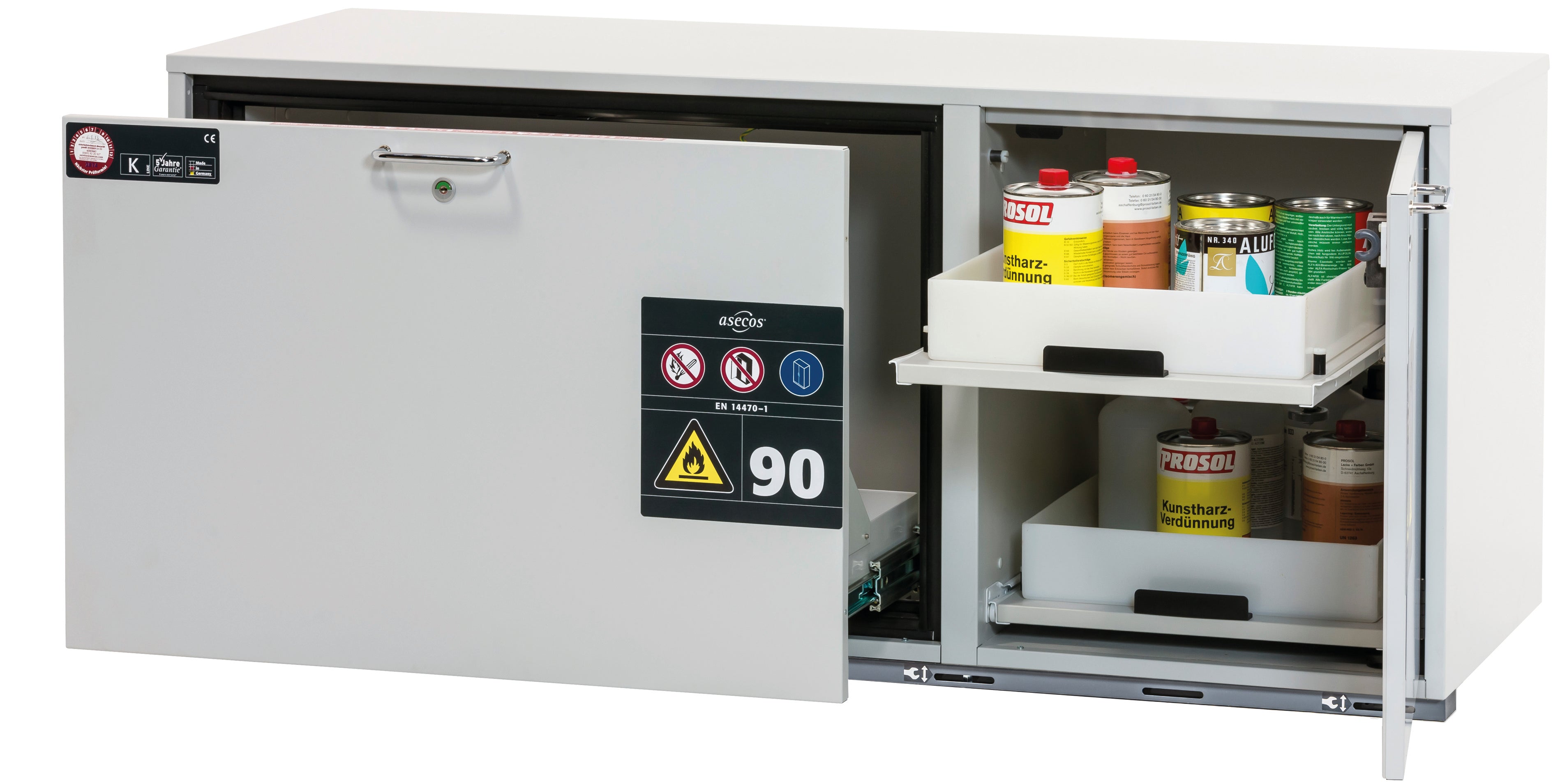 Type 90 combination safety cabinet K-UB-90 model K90.060.140.050.UB.ST in light gray RAL 7035 with 1x drawer tray STAWA-R (sheet steel)