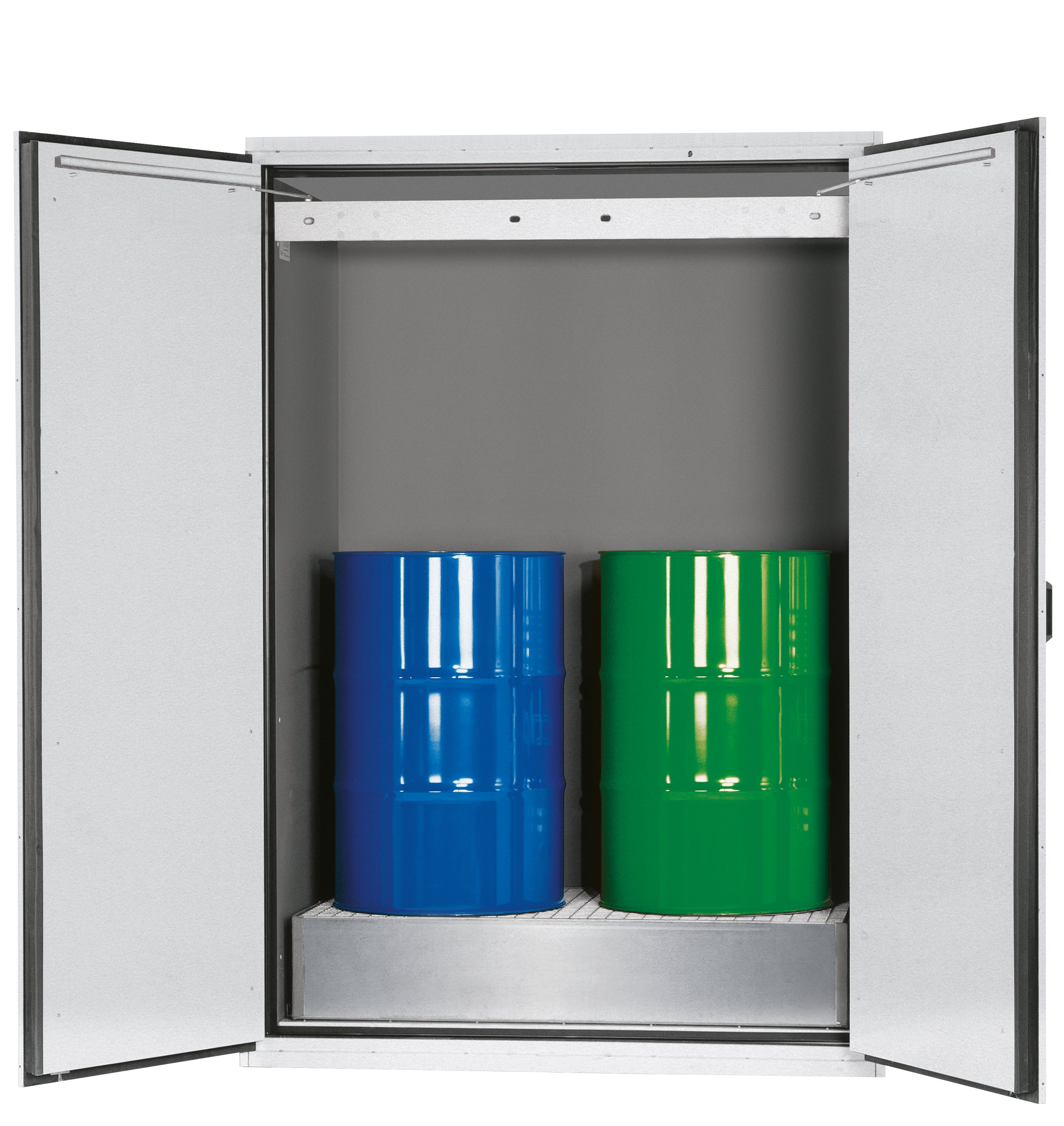 Typ 90 Sicherheitsschrank XL-CLASSIC-90 Modell XL90.222.155.WDAS in lichtgrau RAL 7035 mit 1x Bodenauffangwanne mit Gitterrost (Stahlblech)