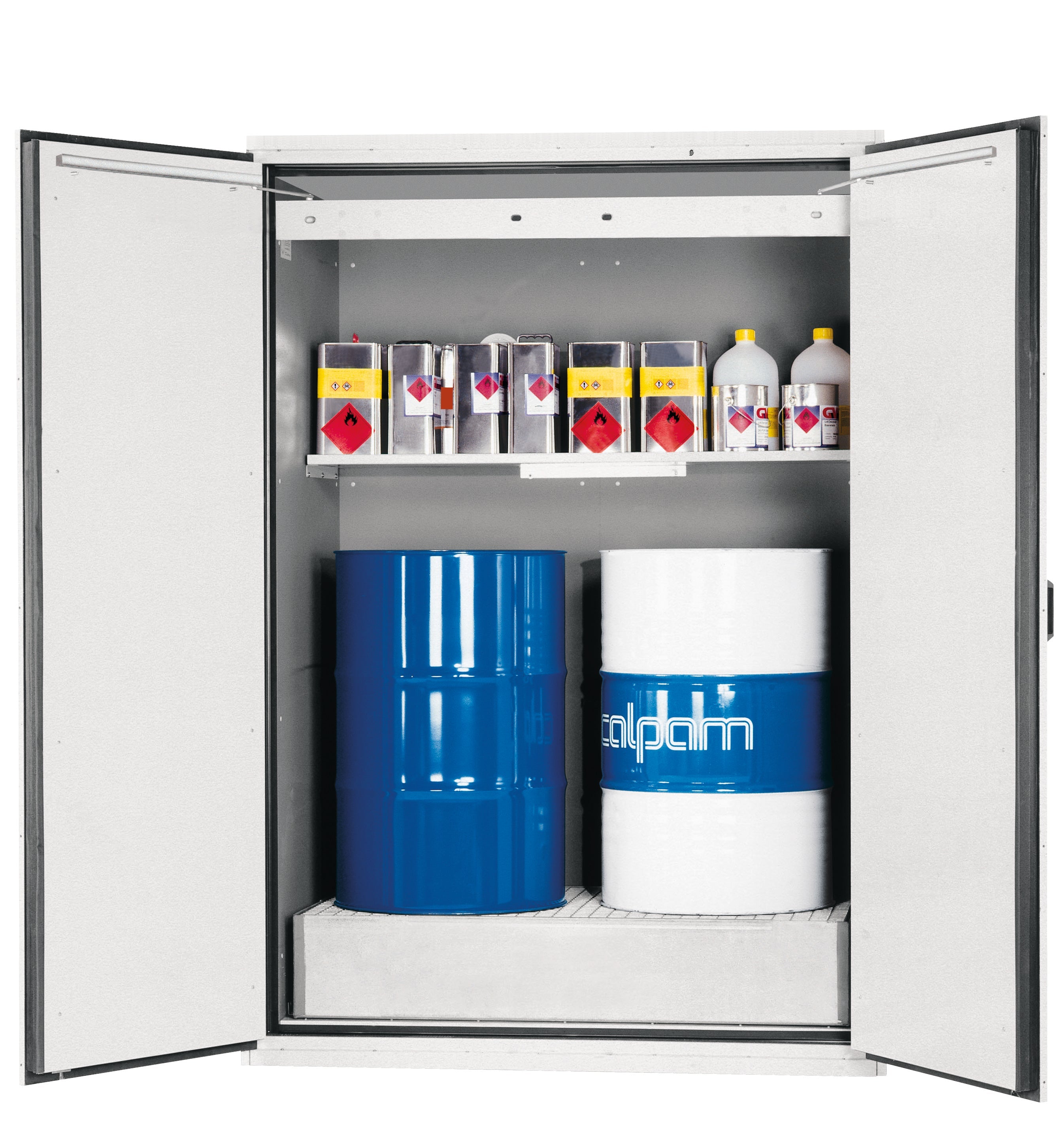 Type 90 safety cabinet XL-CLASSIC-90 model XL90.222.155.WDAS in light gray RAL 7035 with 1x standard shelf (sheet steel)