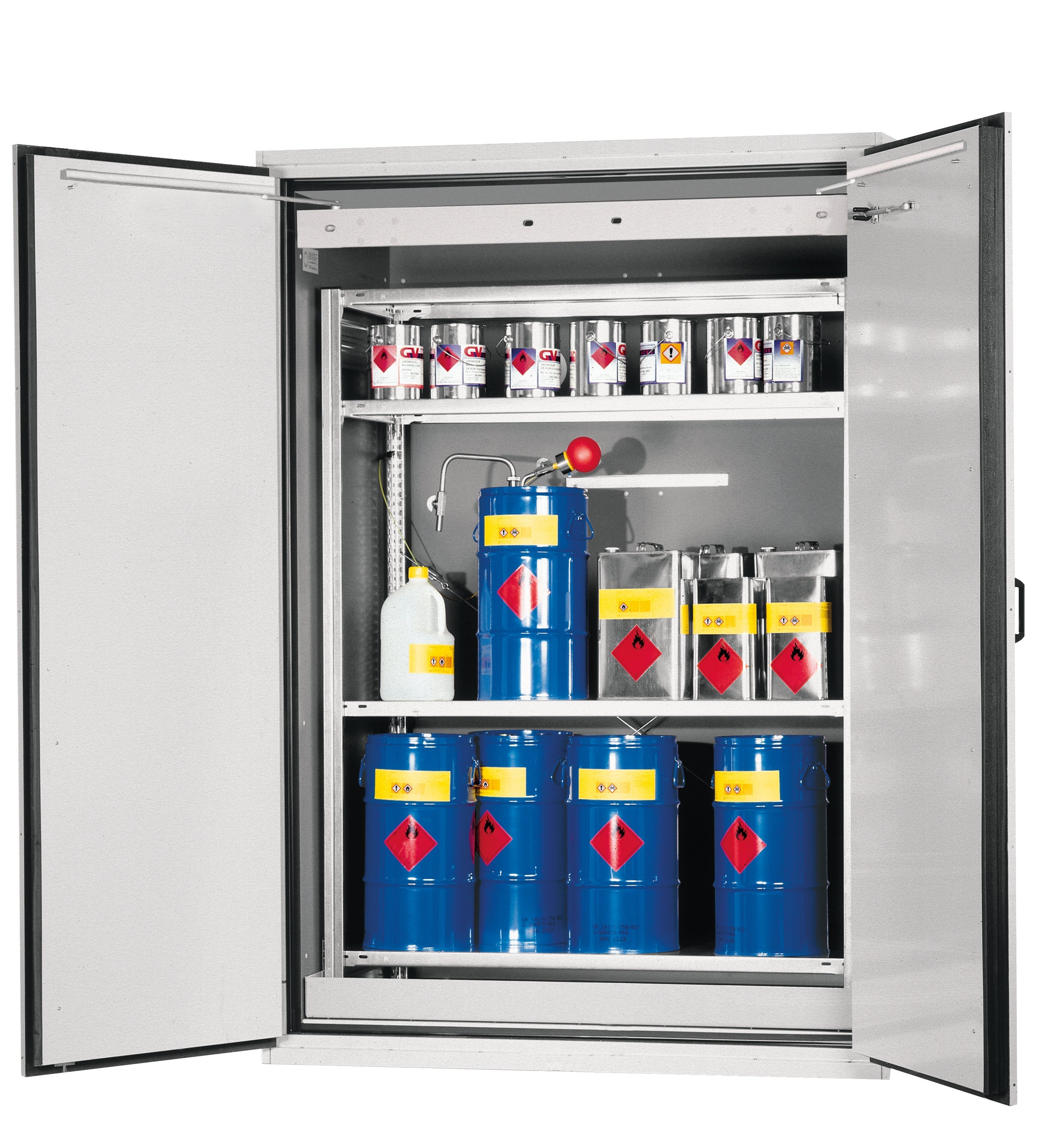 Type 90 safety cabinet XL-CLASSIC-90 model XL90.222.155.WDAS in light gray RAL 7035 with 1x floor collection tray with shelf (steel)