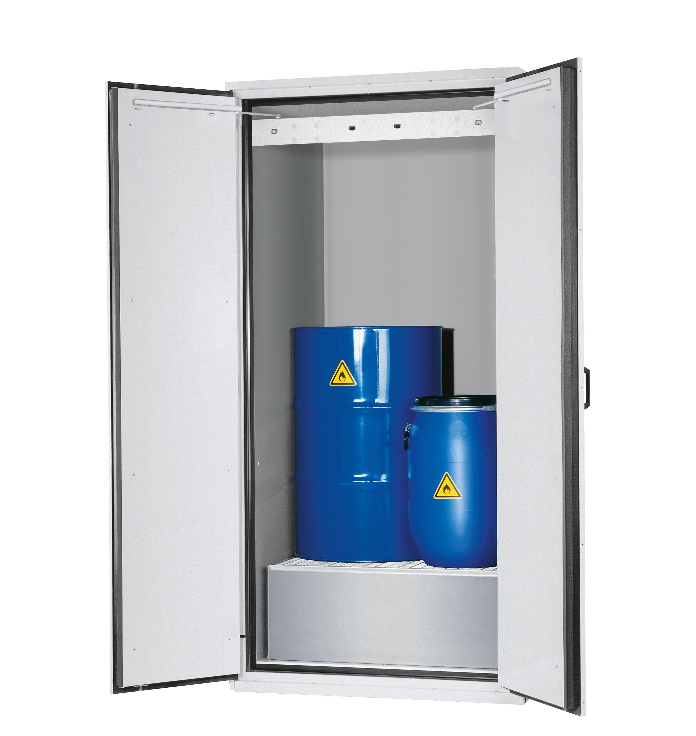 Typ 90 Sicherheitsschrank XL-CLASSIC-90 Modell XL90.222.110.WDAS in lichtgrau RAL 7035 mit 1x Bodenauffangwanne mit Gitterrost (Stahlblech)