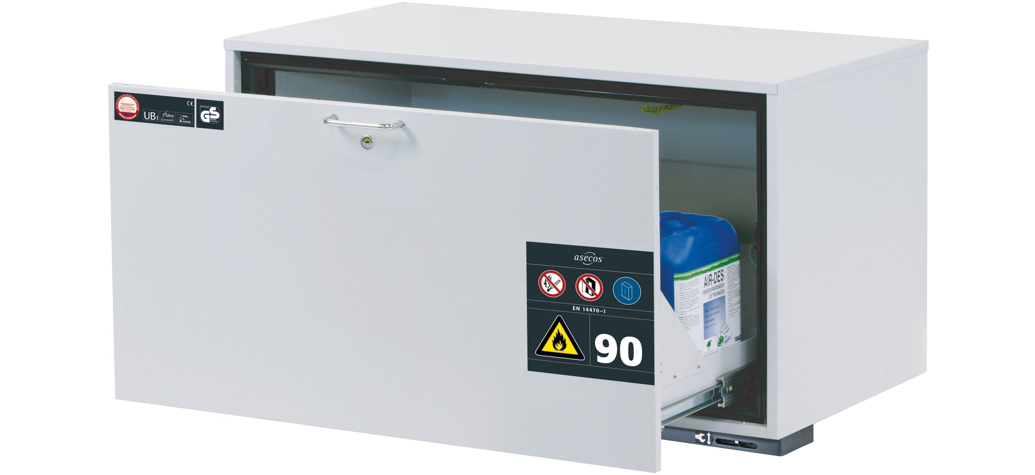 Typ 90 Sicherheitsunterbauschrank UB-S-90 Modell UB90.060.110.S in lichtgrau RAL 7035 mit 1x Schubladenwanne STAWA-R (Stahlblech)